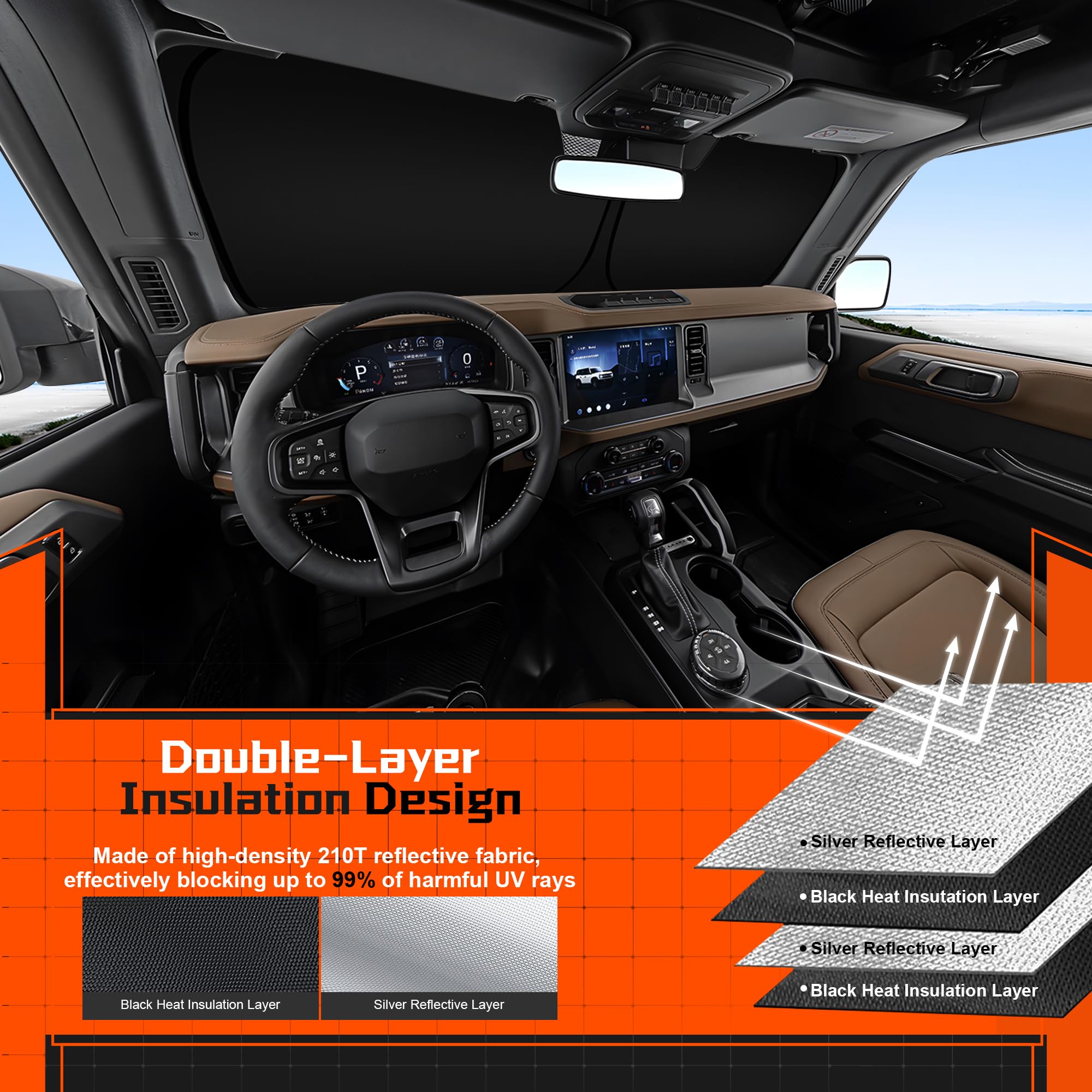 Toluoma Custom Fit Windshield Sun Shade For Kia Ev6 2022-2025 - Full Coverage, 210T Reflective Fabric, Double-Layer Design - Blo