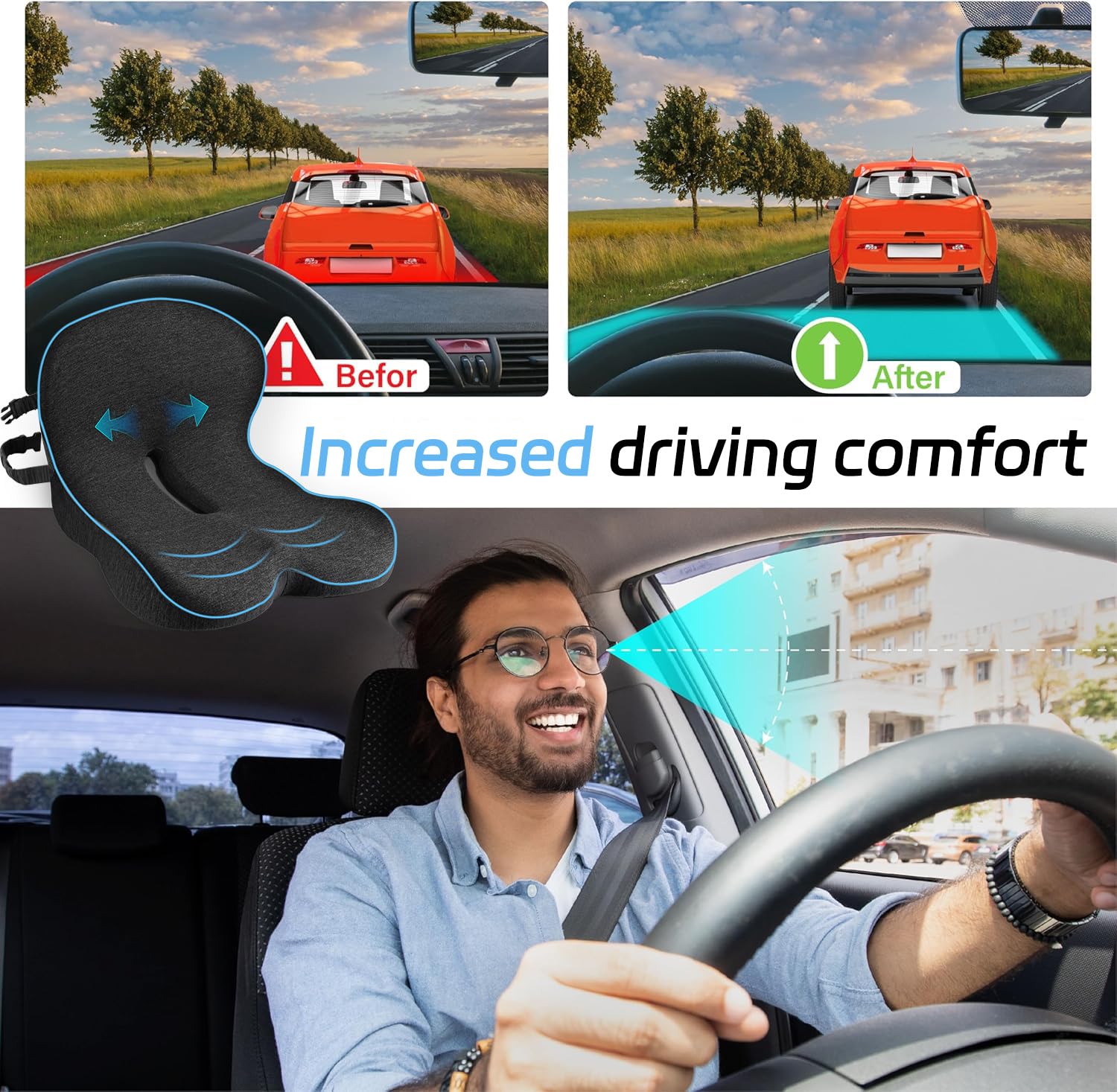 leqsdijk Trucker Seat Cushion with Lumbar Support, Memory Foam, Average Size, Black, Model YTZD0002