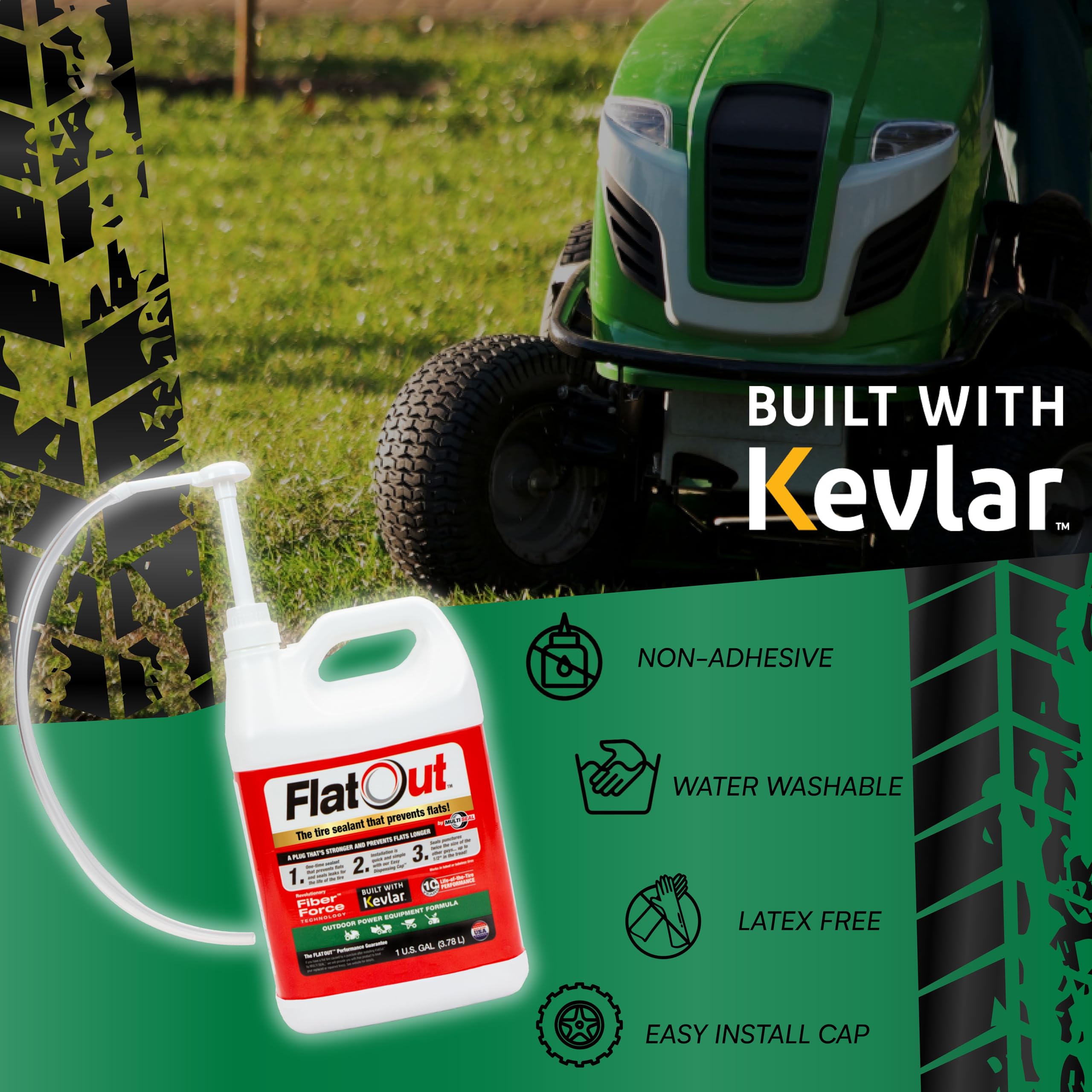 Flatout Off Road Tire Sealant, Outdoor Power Equipment Formula With Valve Core Tool, Prevents Flat Tires, Fix A Flat Tire, Seals Leaks, Contains Kevlar, 1 Gallon