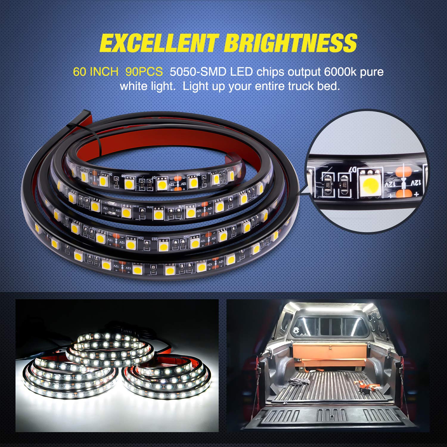 Nilight 60 Inch Truck Bed Light Strip, 270 LEDs, On/Off Switch, Model TR-09, White, 2 Years Warranty