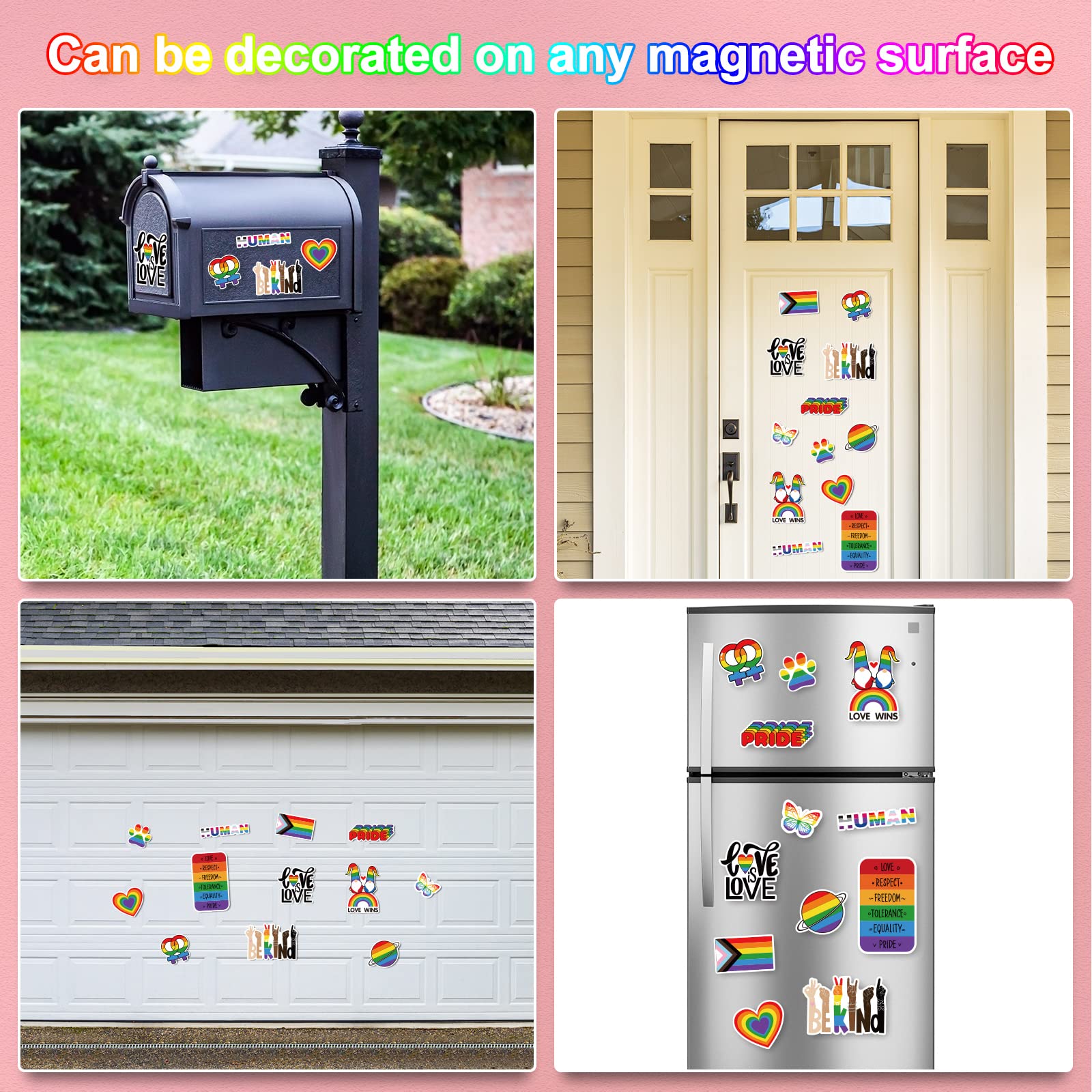 Whaline 12Pcs Rainbow Magnetic Stickers Love Is Love Car Magnet Bumper Sticker Gay Pride Gnome Love Wins Heart Fridge Magnet Dec