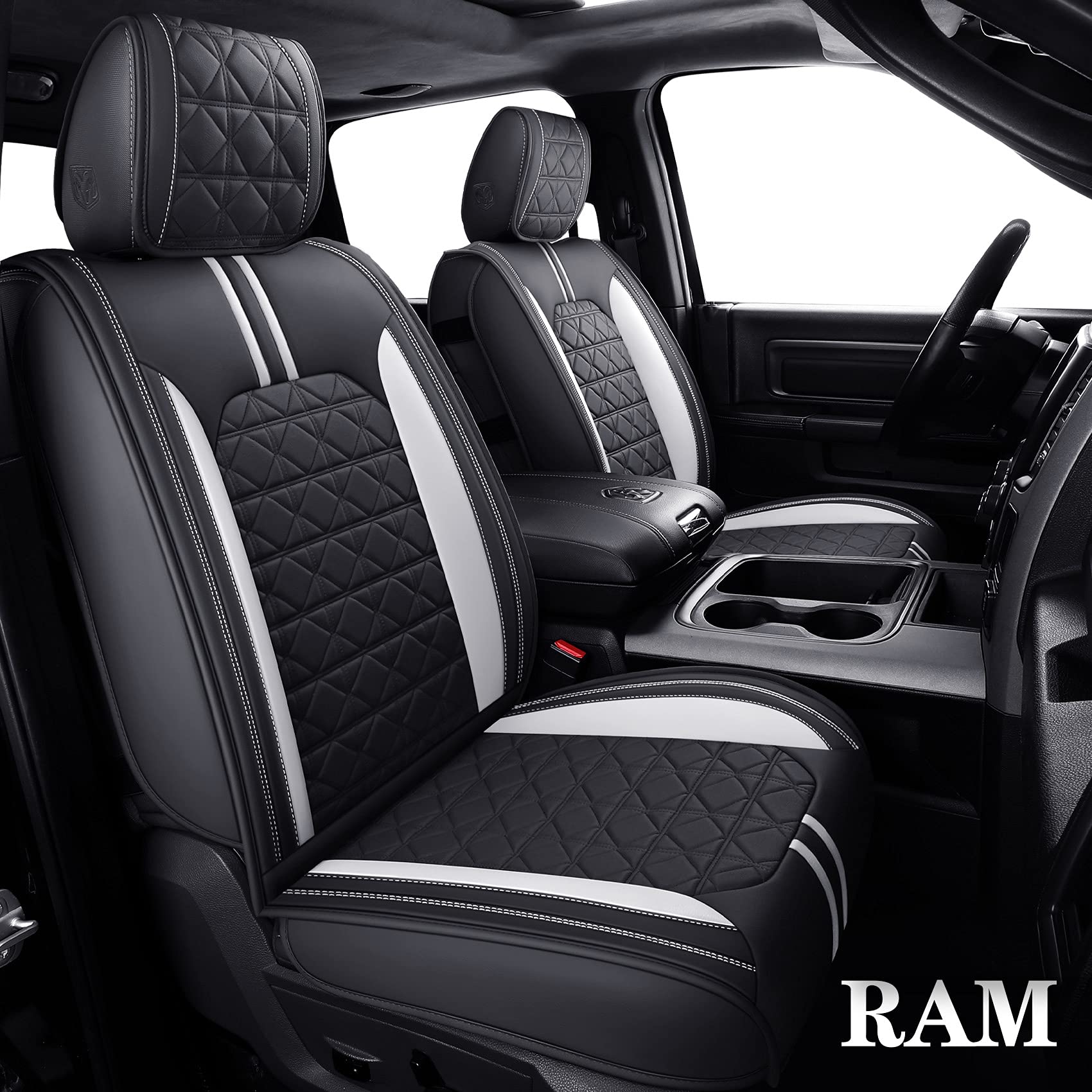 Yiertai Dodge Ram Seat Covers For 2009-2025 1500Hd 2010-2025 2500/3500Hd Crew Double Cab Quad Cab Laramie Tradesman Truck Waterproof Faux Leather(5 Pcs Full Set/Black-White)