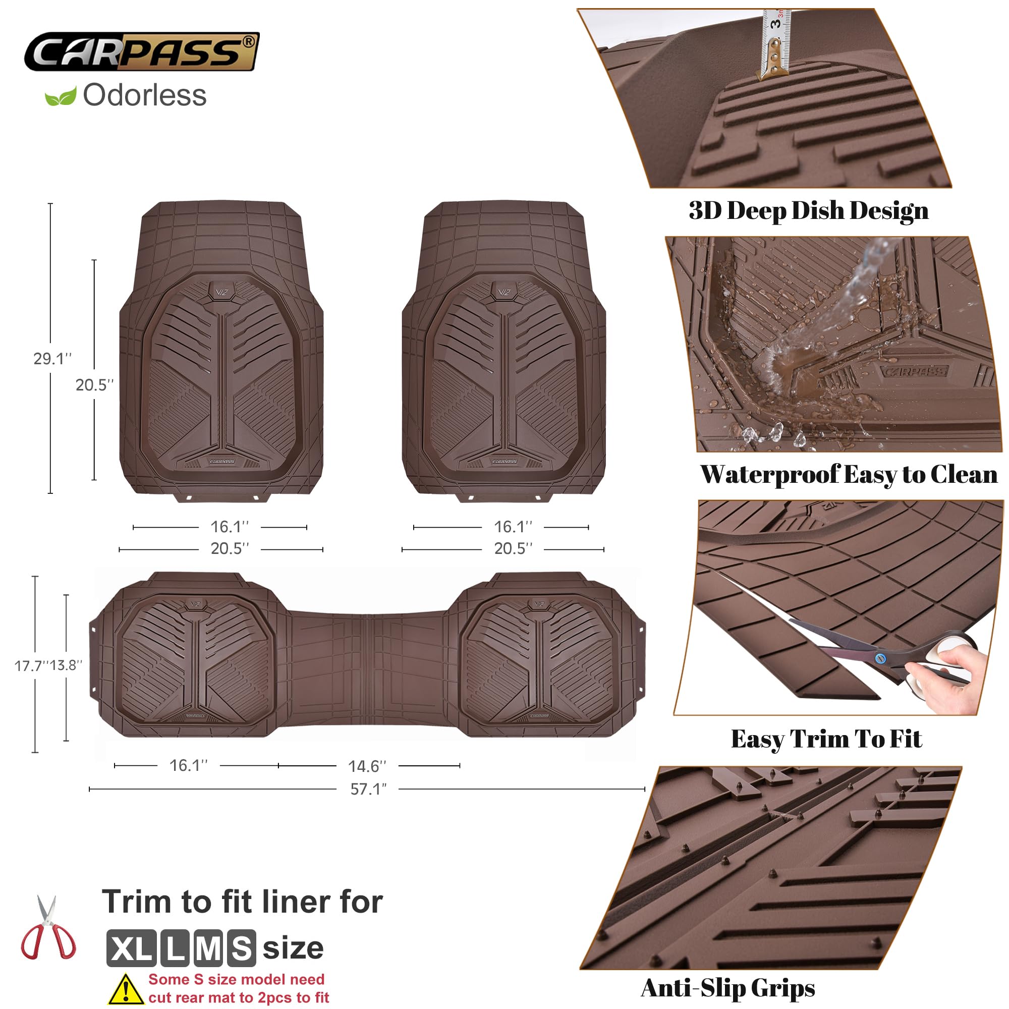Car Pass Heavy Duty Car Floor Mats, All Weather Car Mats Full Set, Universal Automotive Mats 3 Pieces Trim To Fit For Sedans Suv