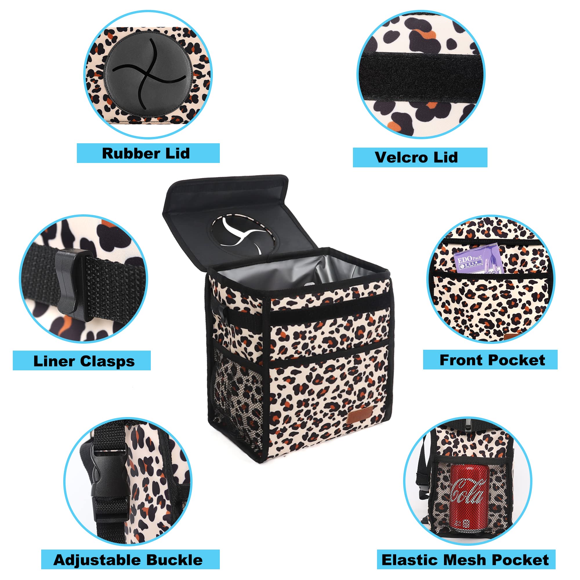 Femuar Car Trash Can - Leak Proof & Waterproof, 3 Gallons, Leopard Print, TL254, Multipurpose Hanging Organizer for SUV Front Seat