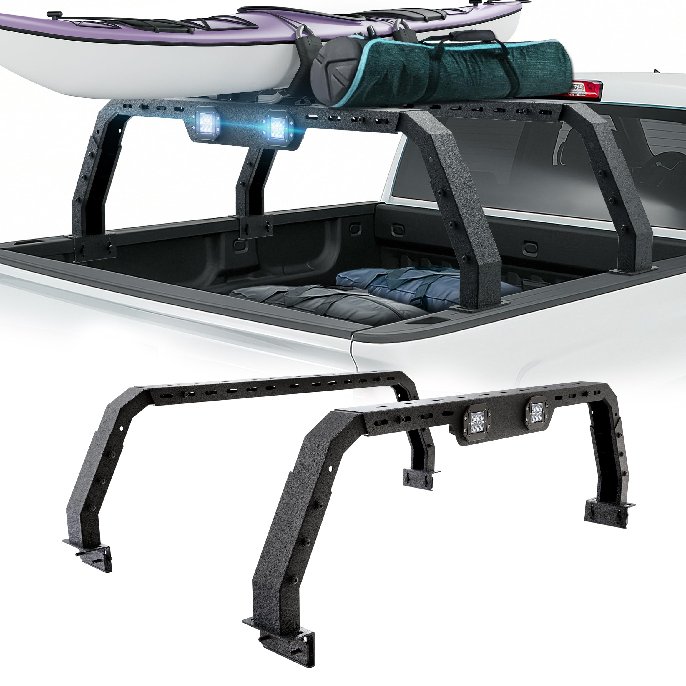 Eyouhz Overland Bed Racks Truck Cargo Carrier With 2 Light Bar Compatible For 2004-2024 Ford F150 & 2002-2024 Dodge Ram 1500 & 2007-2024 Chevy Silverado 1500 & 2007-2013 Toyota Tundra Ladder Back Rack
