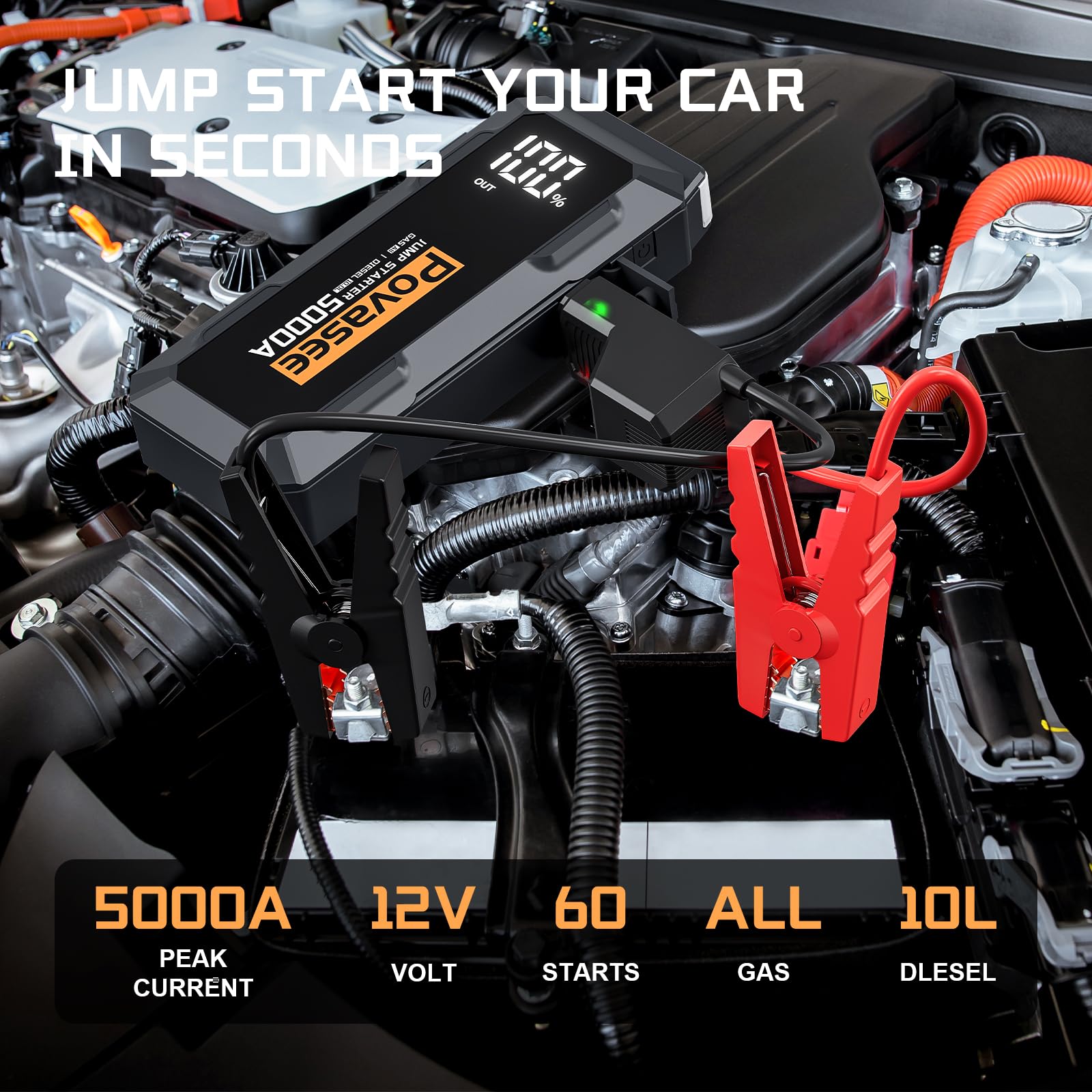Povasee 5000A Car Battery Jump Starter - Portable 12V Jumper Pack with LCD Display, Dual Output, LED Light - Model A40
