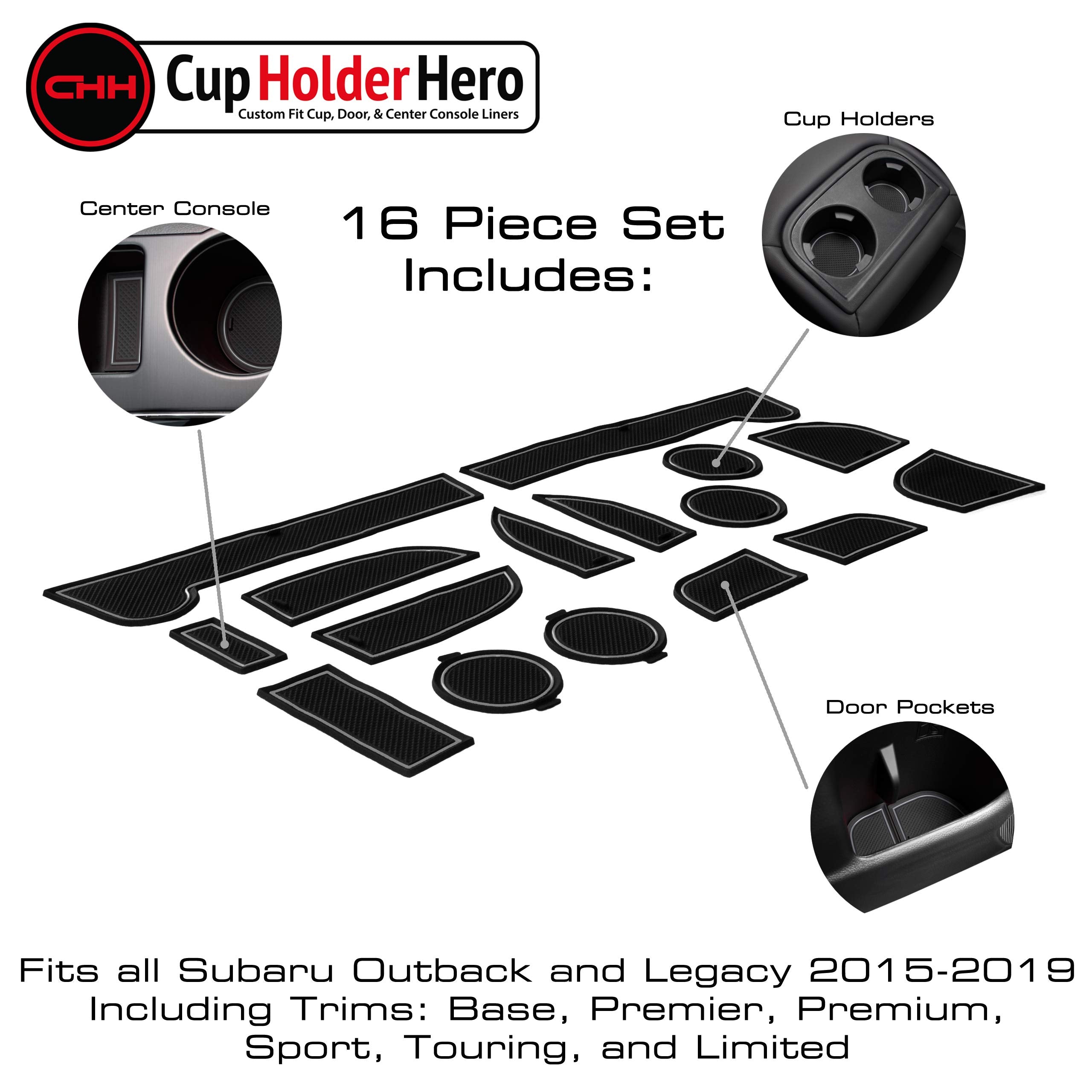 CupHolderHero Cup Holder Inserts Set - Silicone, Gray Trim, 16pc for Subaru Outback & Legacy 2015-2019