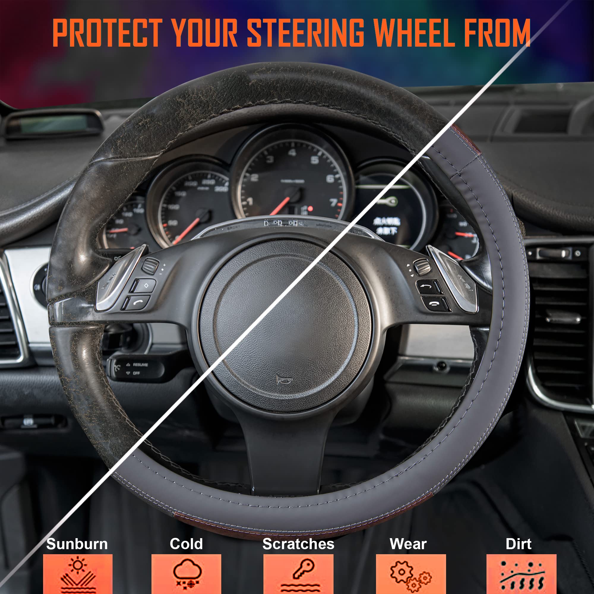 Car Pass Wood Grain Microfiber Leather Steering Wheel Cover, Universal Fit For 14 1/2-15 Inch Gray Steering Wheel, Anti-Slip Vei