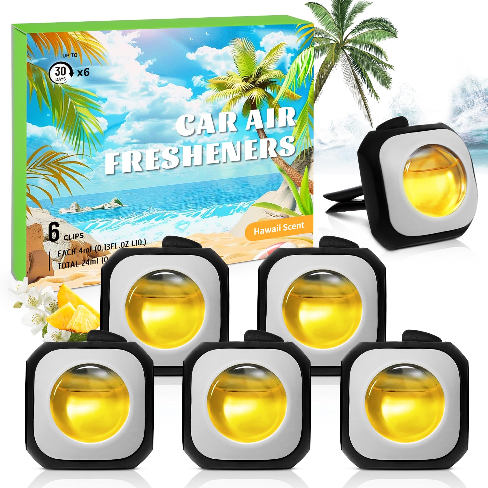 SCENTORINI Car Air Freshener Vent Clip, Hawaiian Long lasting Scent, Pack of 6, Air Freshener for Car Odor Eliminator
