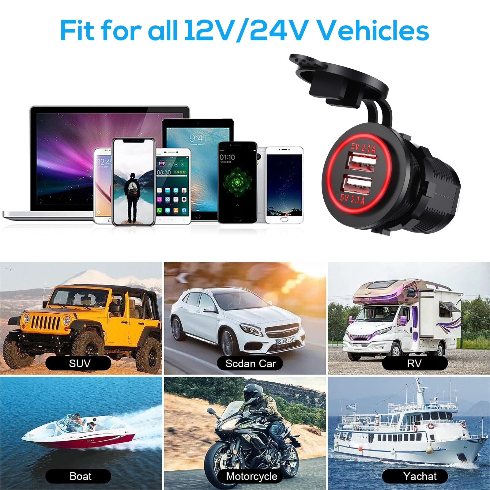 Linkstyle 12V Usb Outlet, Dual 5V 2.1A Usb Charger Socket, Waterproof Power Outlet With Red Led, Usb Car Socket Dual Charging Po