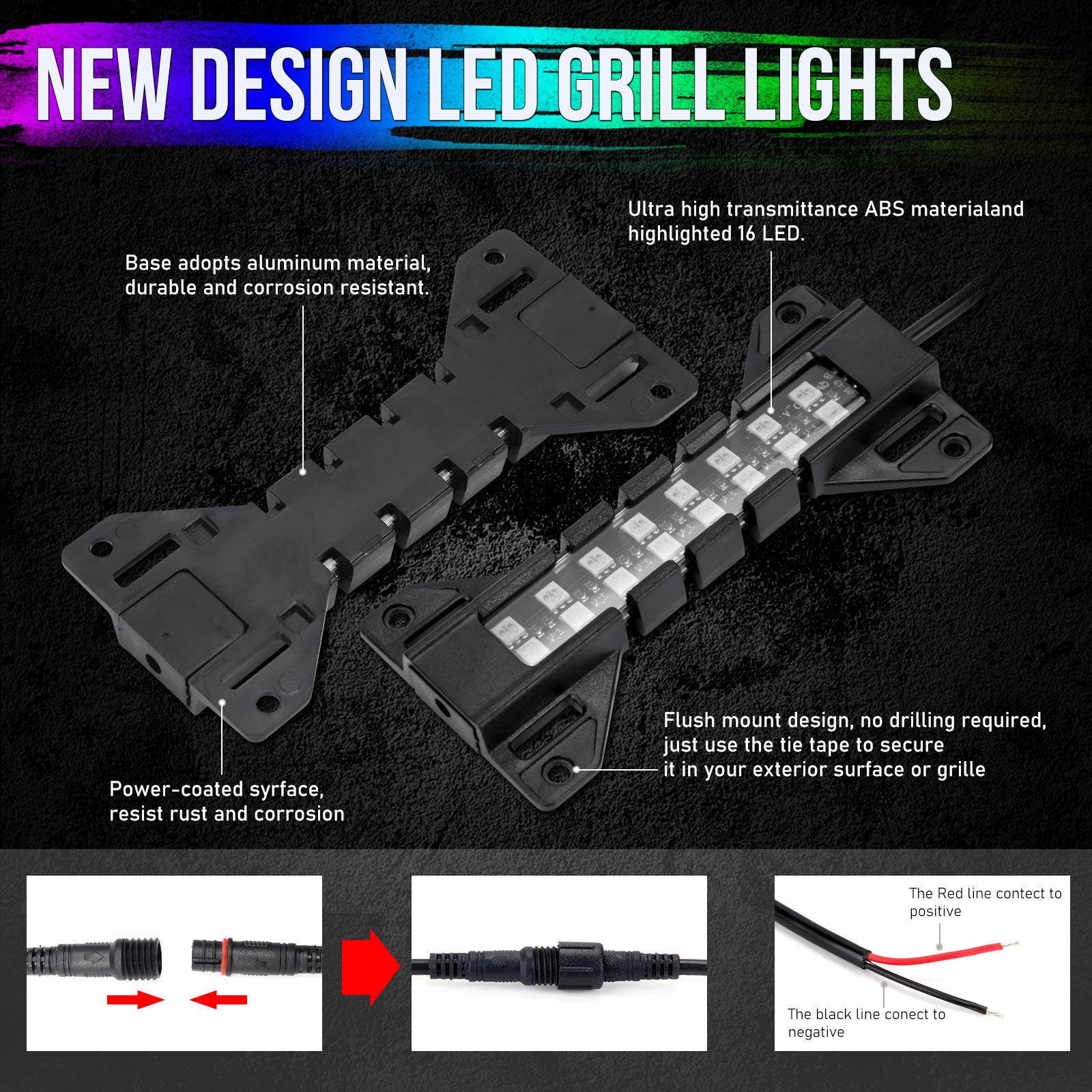 Opp Ulite Led Grille Lights For Trucks - Rgb Color - 4 Pods Front Grill Light - Smartphone App Control/Music/Timing/Flashing Str