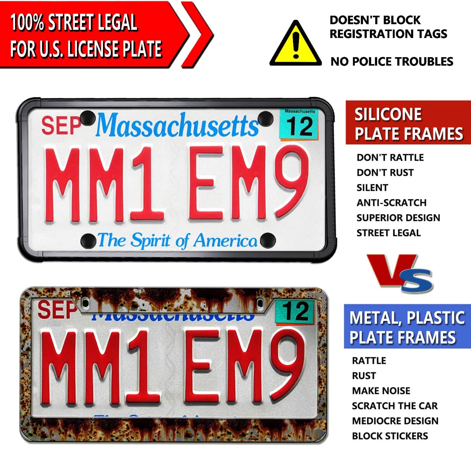 Aootf Black License Plate Frames-2 Pack Silicone License Plate Cover Front & Rear Tag Slim Holder With Screws, Screw Caps, With
