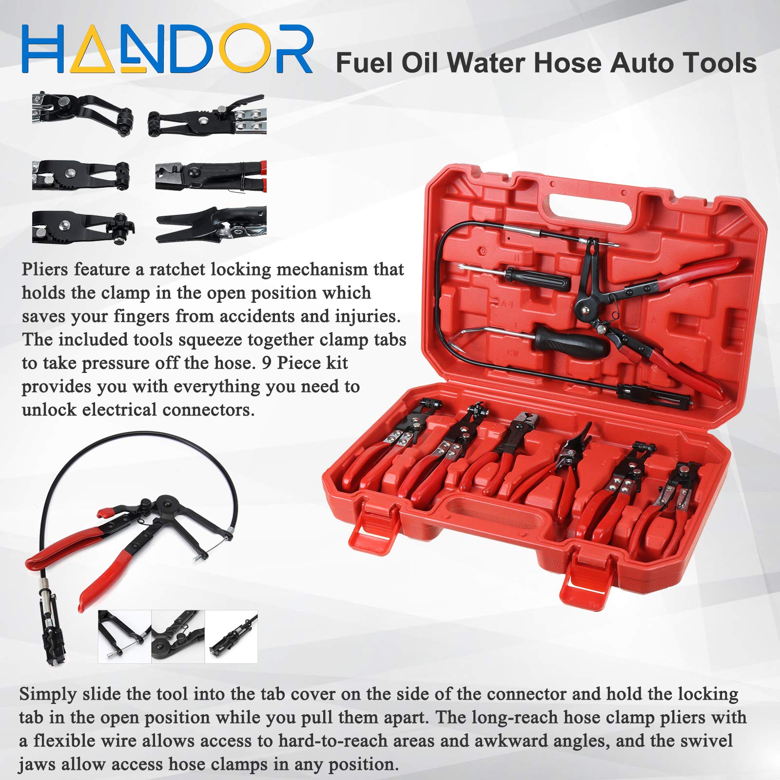 Handor 9pcs Hose Clamp Pliers Set, Alloy Steel Long Reach Tools for Fuel, Oil, Water Hoses - GGM-105020A-7094