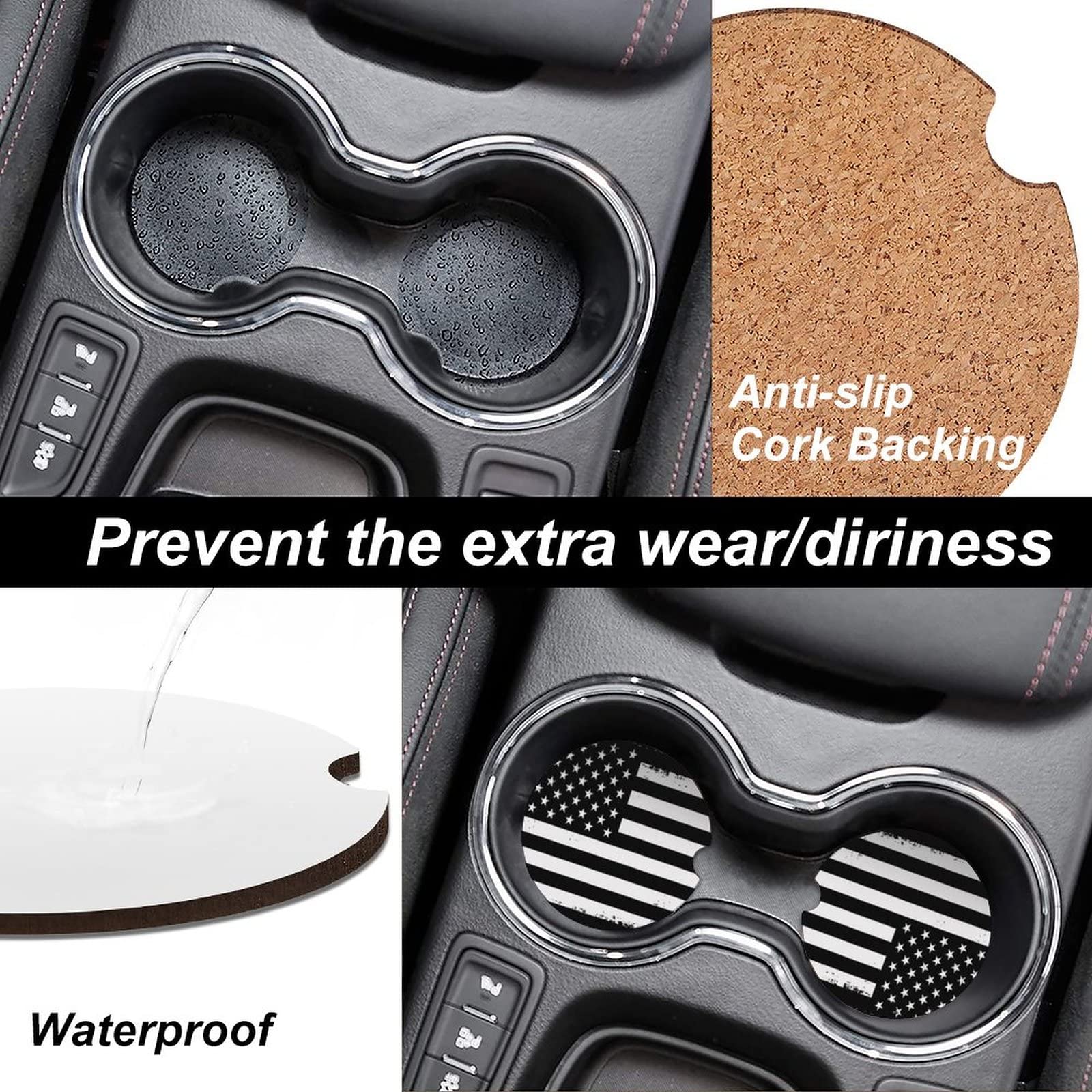 Sxboxing Absorbent Car Cupholder Coaster 2 Pack,Ceramic Stone With A Finger Notch For Women & Lady,Cork Base Drink Coasters 2.56 Inch,Cute Auto Accessories Gifts - American Flag Usa Black White