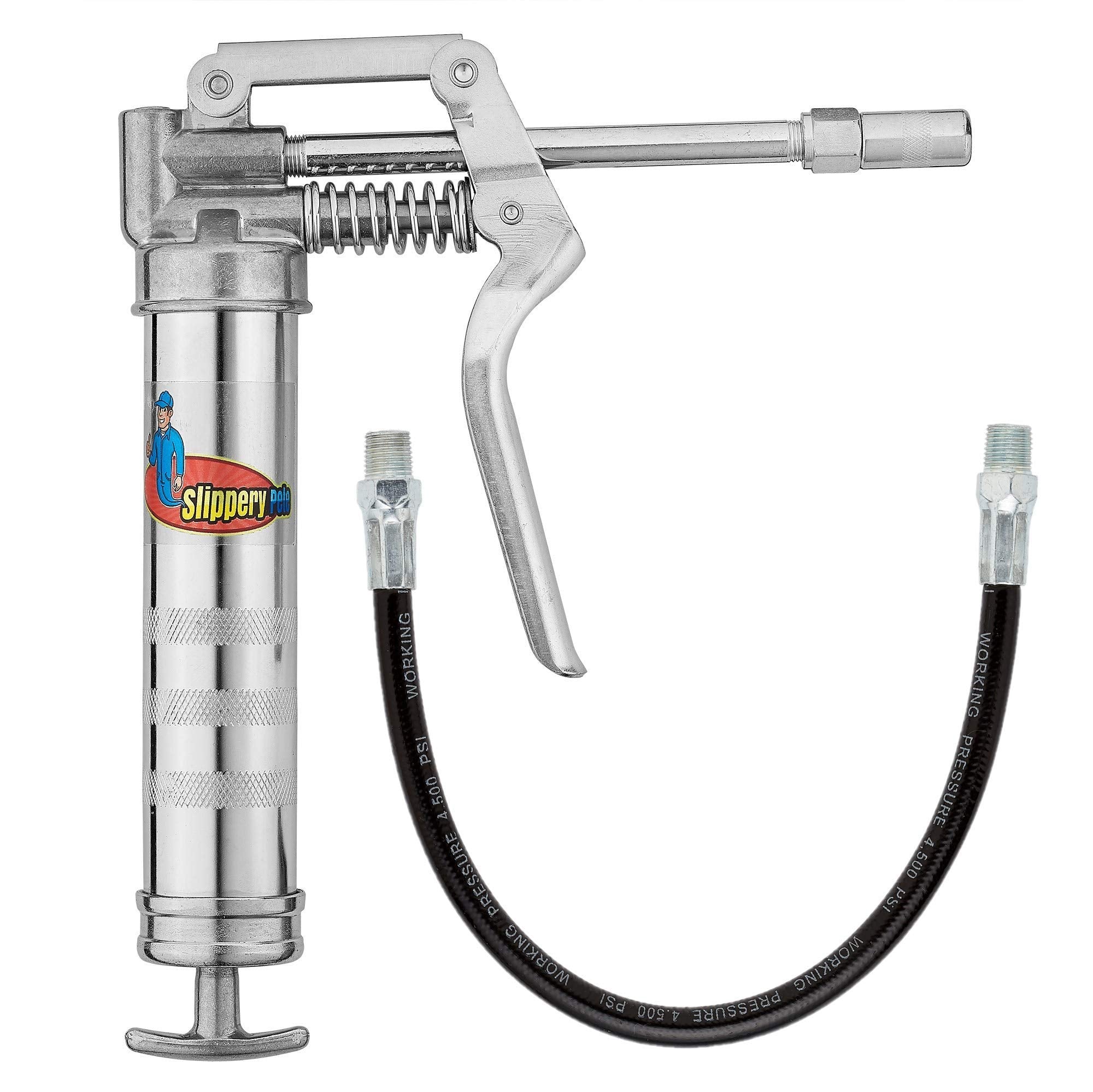 Slippery Pete Mini Pistol Grip Grease Gun. Heavy Duty Design For 3Oz Cartridges. 12 Inch Flexible Hose And 5 Inch Rigid Extensio