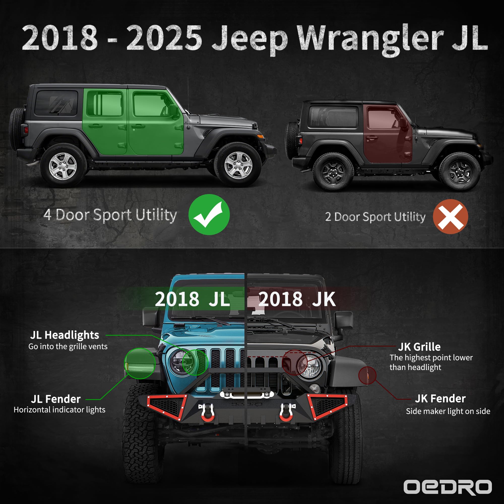 Oedro 6 Inch Running Boards, Drop Side Steps Compatible With 2018-2025 Jeep Wrangler Jl & Unlimited 4 Door, Steel Nerf Bar With