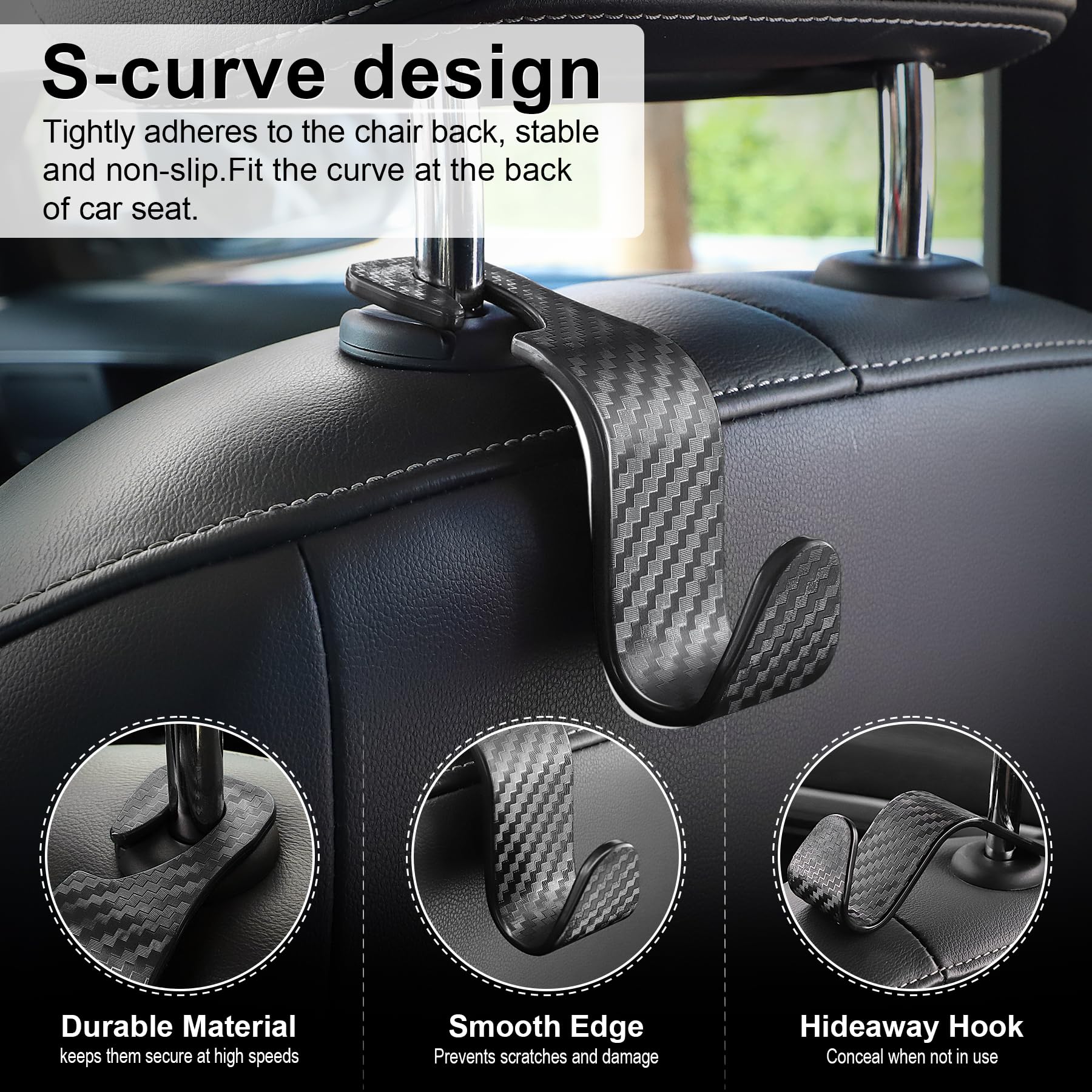 Livtee Car Purse Hook, 4 Pack Universal Auto Seat Headrest Hook Hangers Organizer For Coats, Umbrellas, Groceries - Carbon Fiber