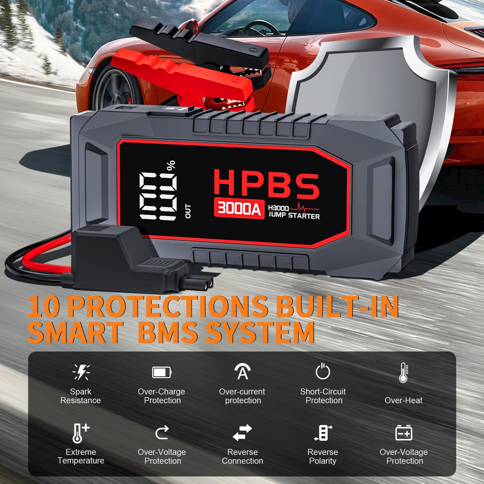 HPBS 3000A Car Battery Jump Starter for Up to 10L Gas & 8L Diesel Engines, 12V Portable with 3.0" LCD Display, Model H3000
