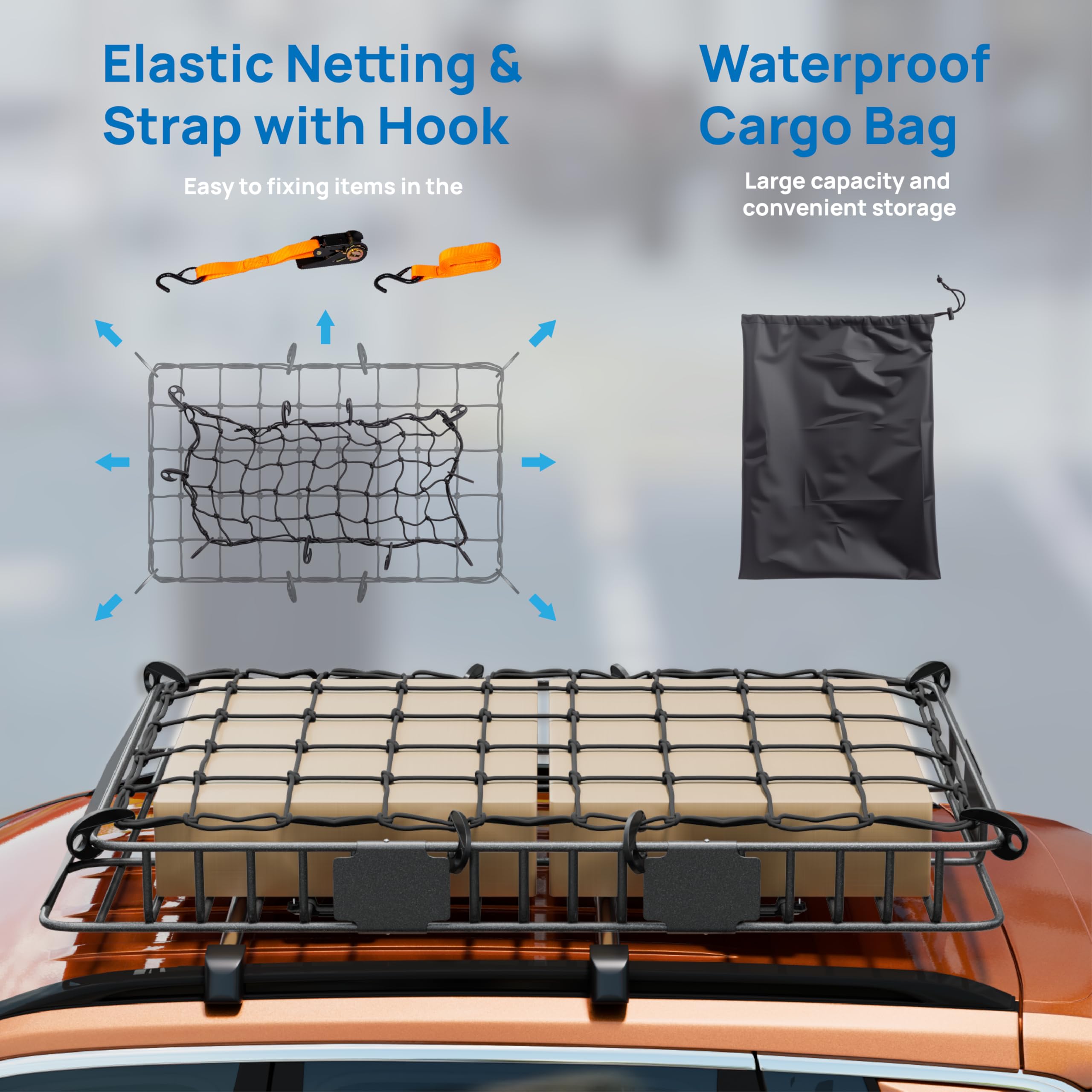 TUFFIOM Universal Rooftop Cargo Carrier Basket, 64"x39"x6", Dark Grey, Heavy Duty Alloy Steel, Model TF-64inchRoof-082, Includes Net & Storage Bag