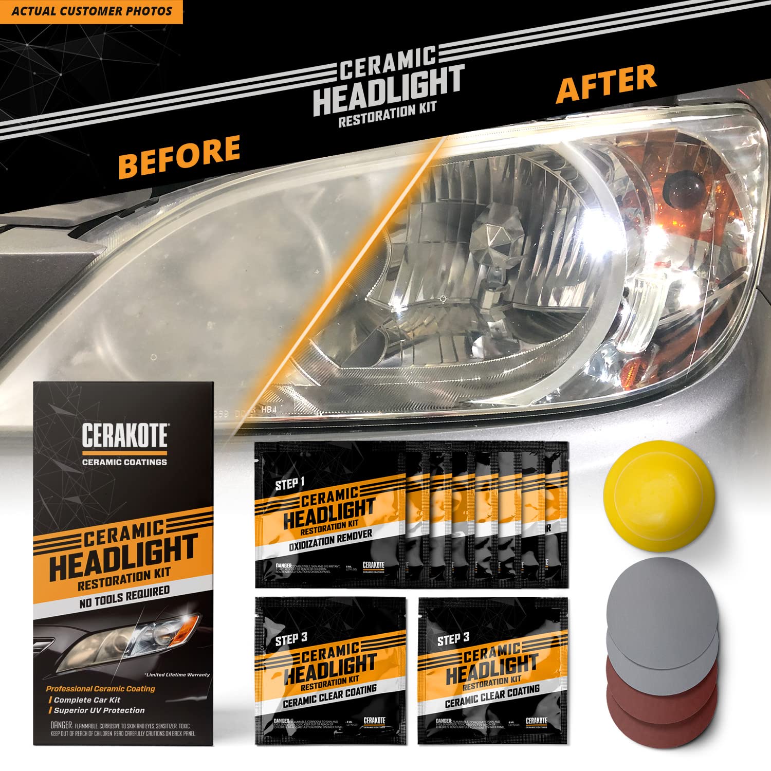 CERAKOTE® Headlight Restoration Kit - 1 Vehicle Kit - Lasts As Long As You Own Your Vehicle - Black - Easy 3-Step Process