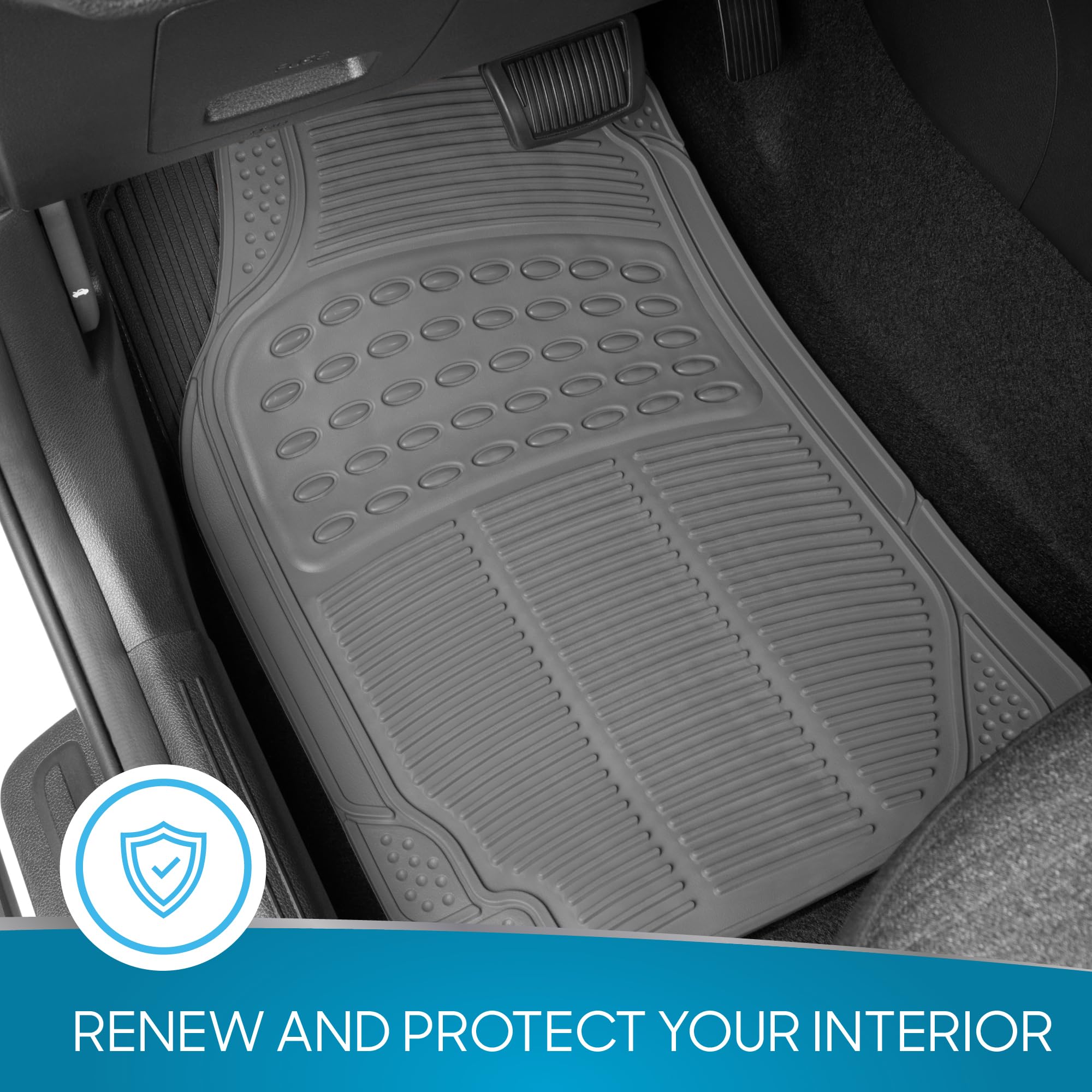 BDK All Weather Rubber Floor Mats - 4 Piece Set, Heavy Duty Protection, Trimmable, Gray, Model MT-554-GR