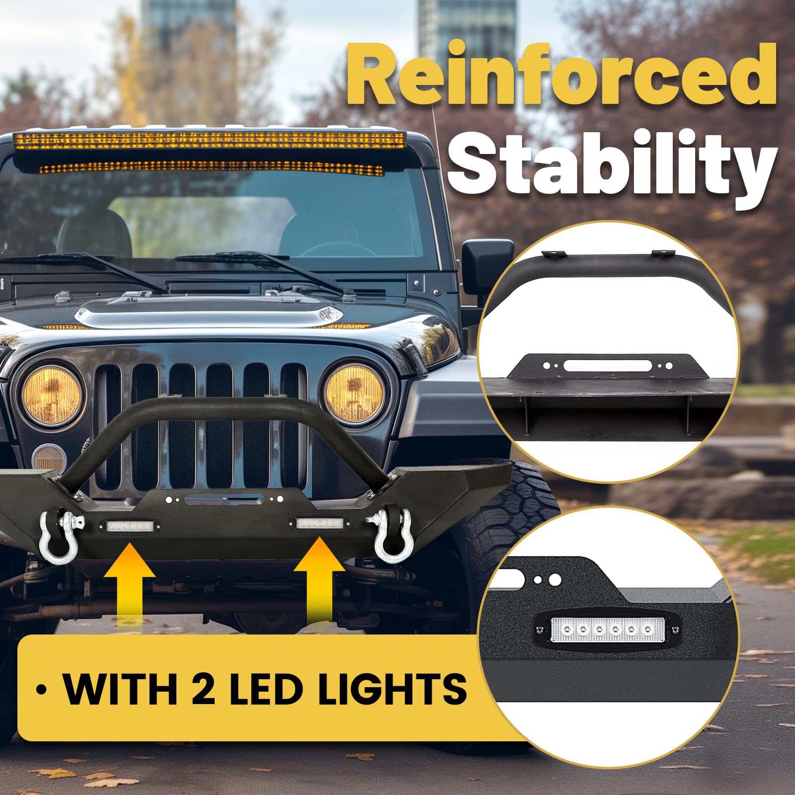 ECOTRIC Front Bumper for 1987-2006 Jeep Wrangler TJ/YJ, Black Alloy Steel, Heavy Duty, with Winch Plate & LED Lights, Model CA-110
