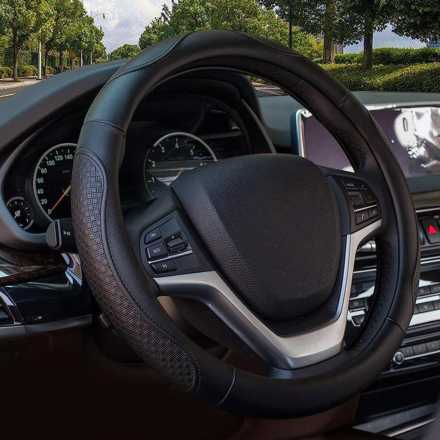 Valleycomfy Leather Steering Wheel Covers Universal 15.75 Inch -Breathable, Anti Slip & Odor Free (Black With Black Lines,L(15''