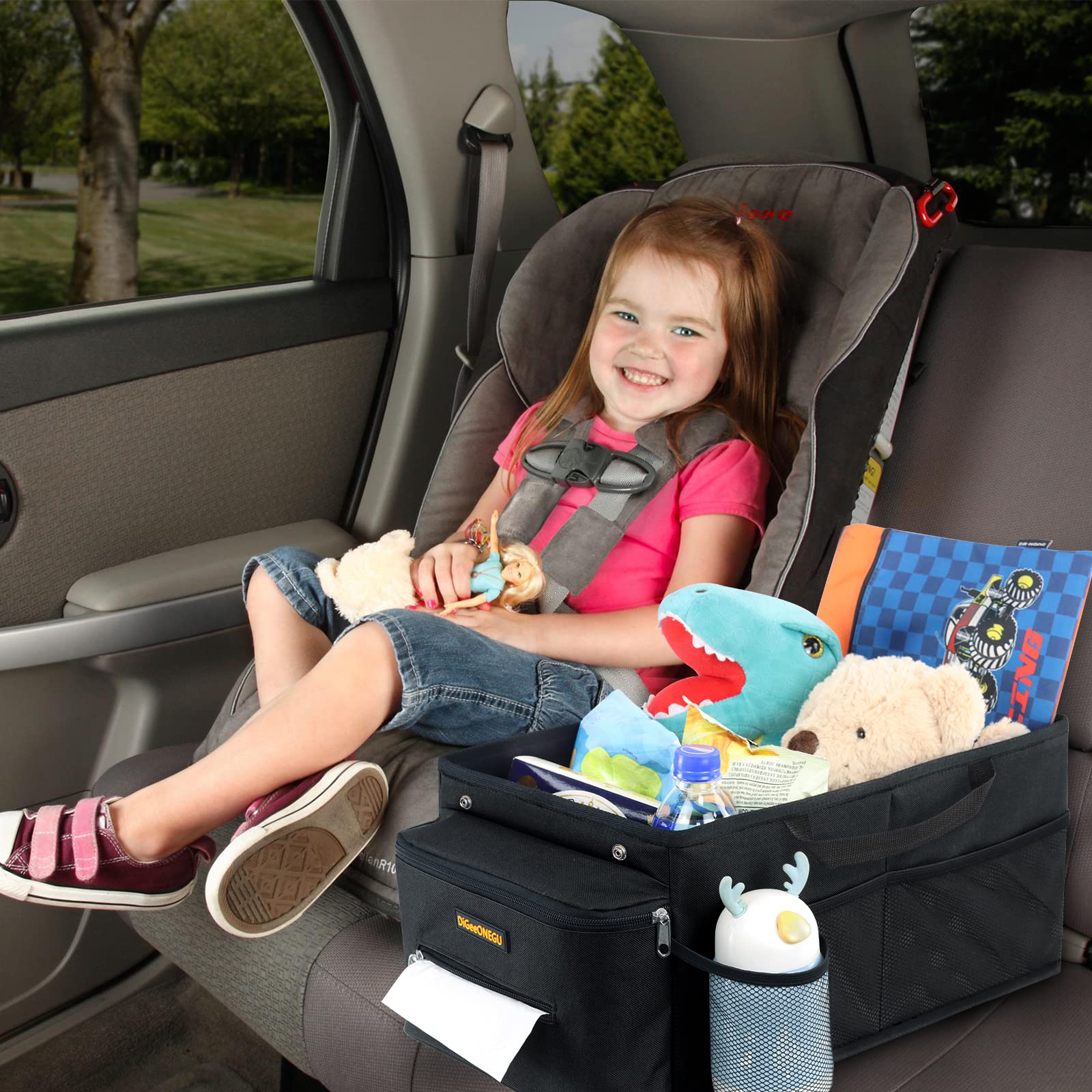 Digeeonegu Car Seat Organizer-Car Organizer Front Seat Back Seat,Car Organizers And Storage,Passenger Seat Organizer With Lid Tissue Box Cup Holder & 7 Mesh Pockets, Road Trip Essentials For Kids