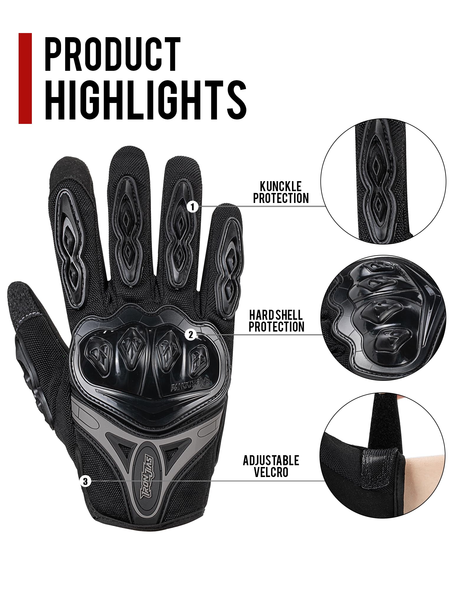 Iron Jia'S Motorcycle Gloves Full Finger Durable For Road Racing Bike Summer Spring Powersports Support Touch Screen Black-Xl