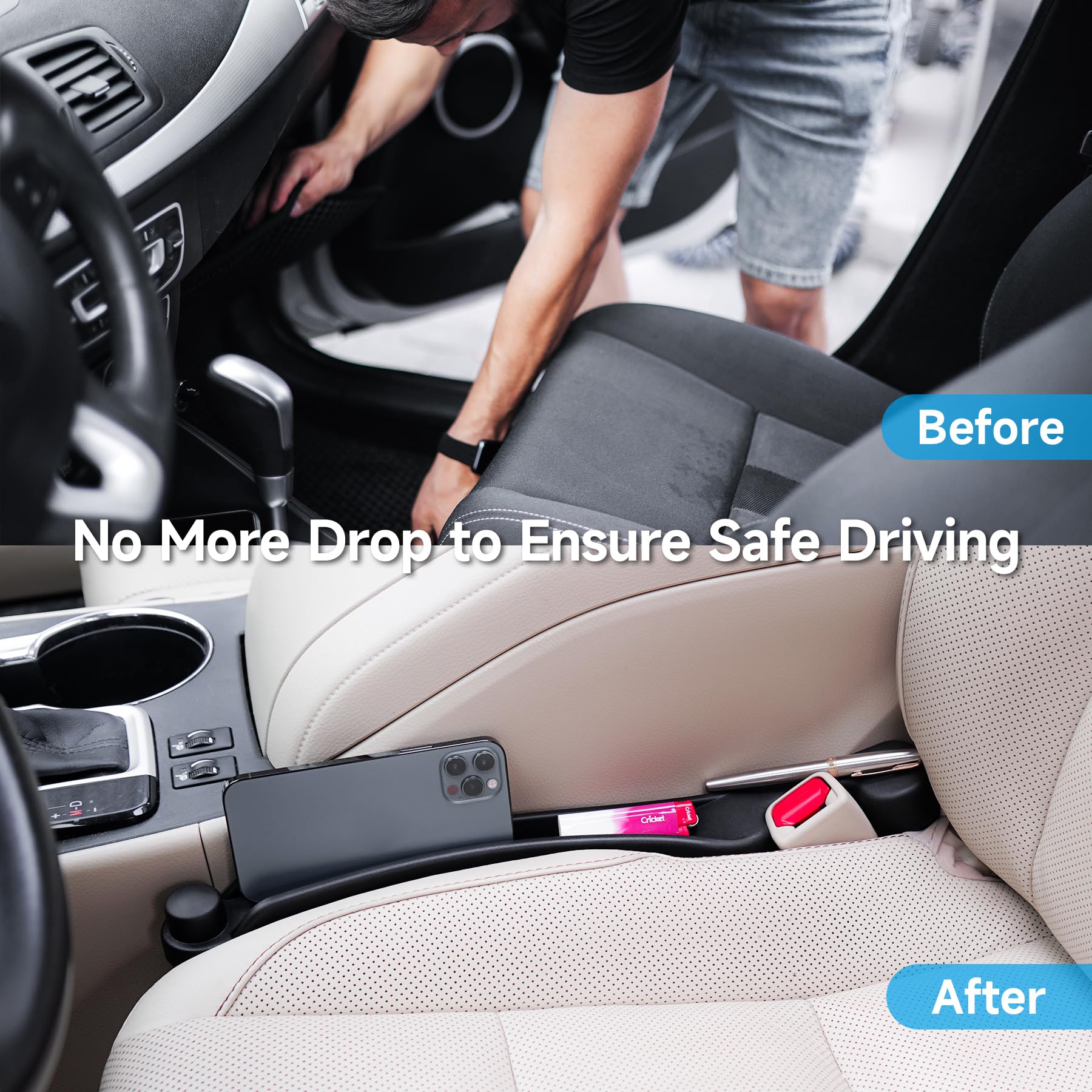 Givifive Car Seat Gap Filler Set of 2, Soft Foam, 3in1 Organizer & Hook, Black, Universal Fit for Cars, SUVs, Trucks