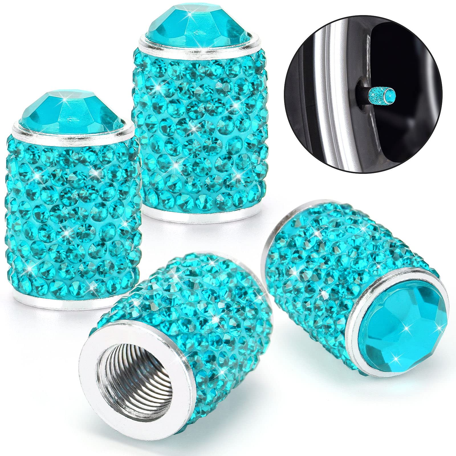 ToBeQueen Bling Tire Valve Covers Blue, 4 Pack Handmade Crystal Rhinestone Tire Caps Universal Dustproof Bling Car Accessories f