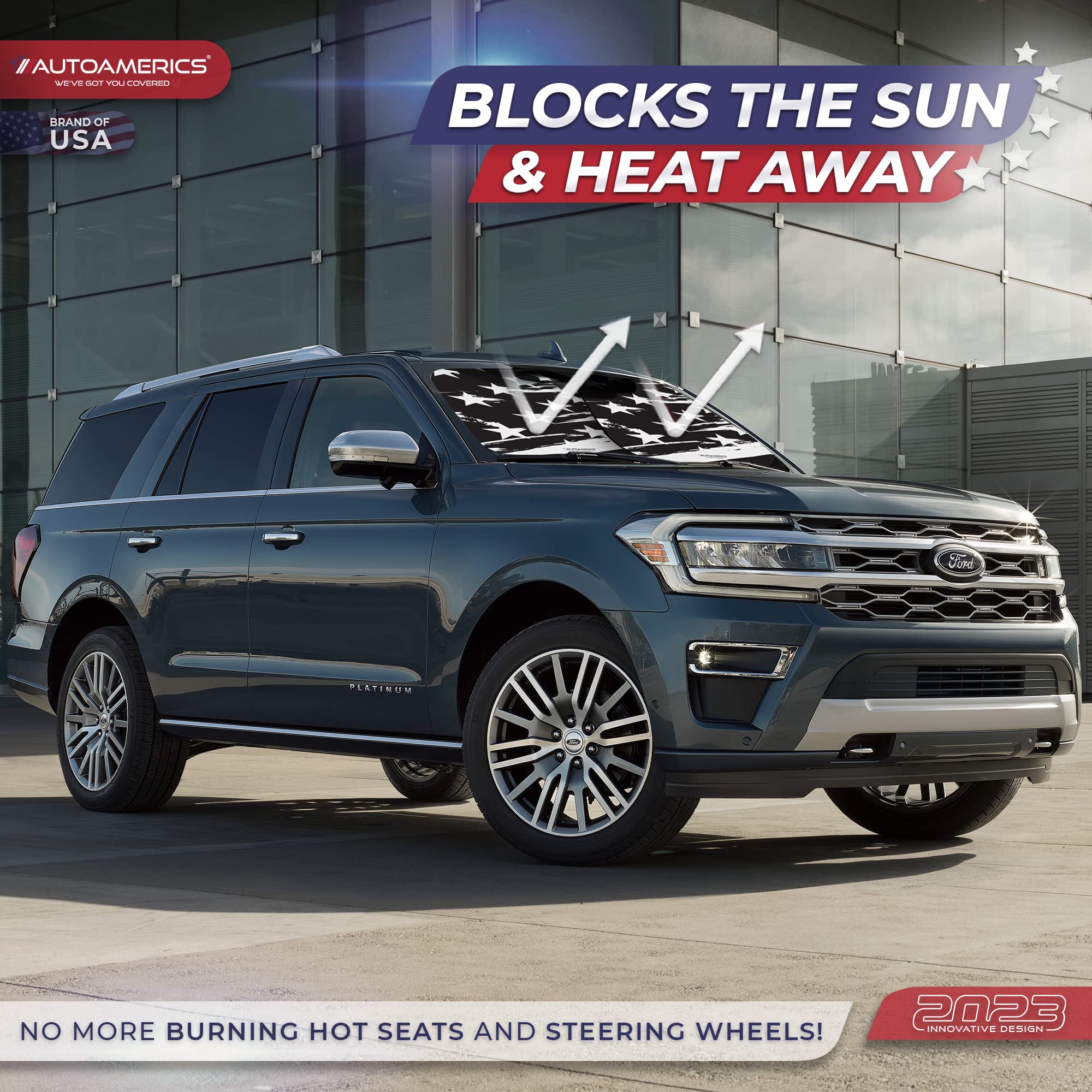 Autoamerics 2-Piece Windshield Sun Shade - B&W USA Flag Foldable Car Front Window Sunshade for Most Cars SUV Truck Heat Blocker