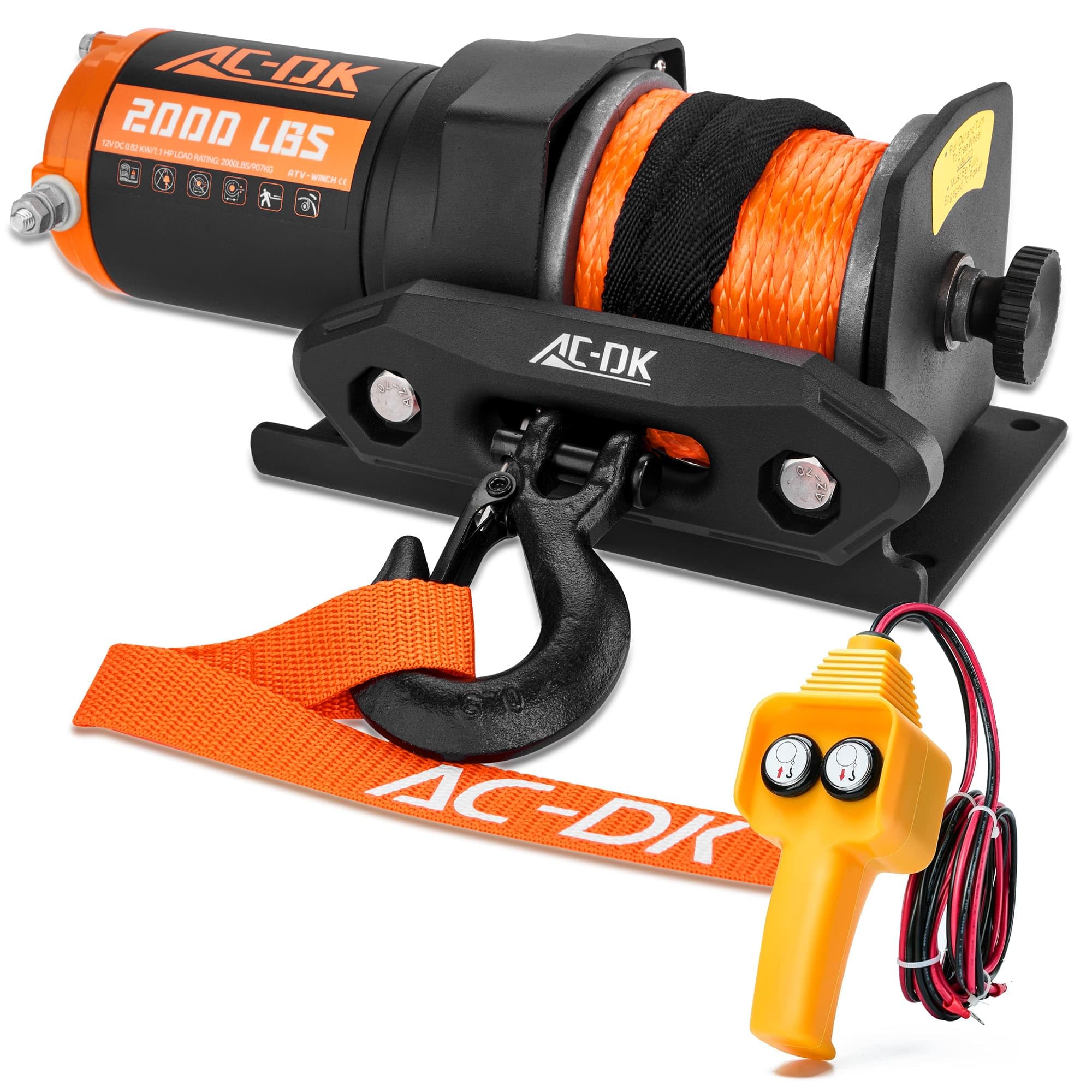 AC-DK 12V 2000-lb. ATV/UTV Electric Winch, Off-Road Synthetic Rope Winch for Trailer Boat RV Towing Winches, ATV/UTV Winch with 