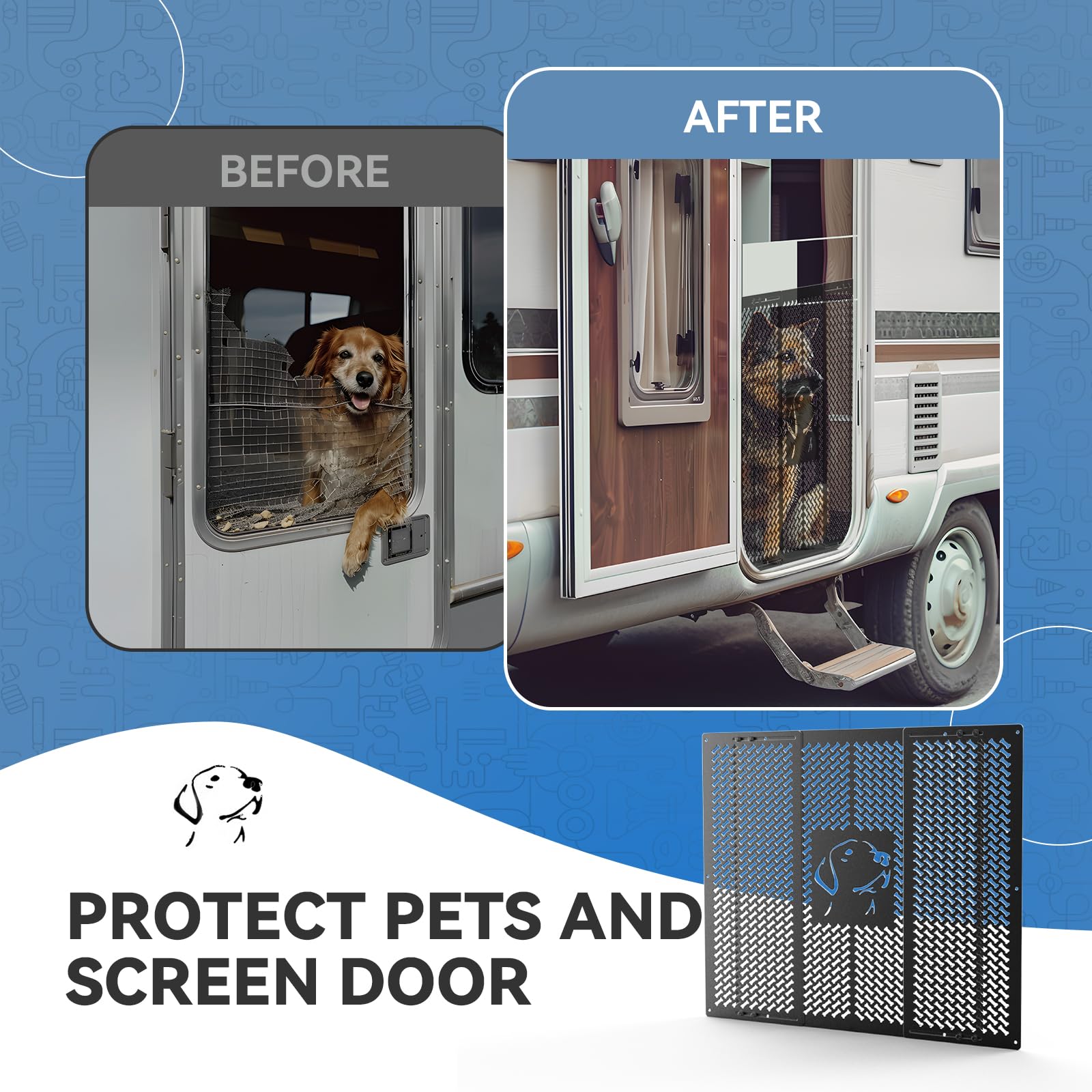 CAMPER MATTERS RV Screen Door Grille - Dog Friends Design, Aluminium Alloy, Adjustable 21"-29.5" Width