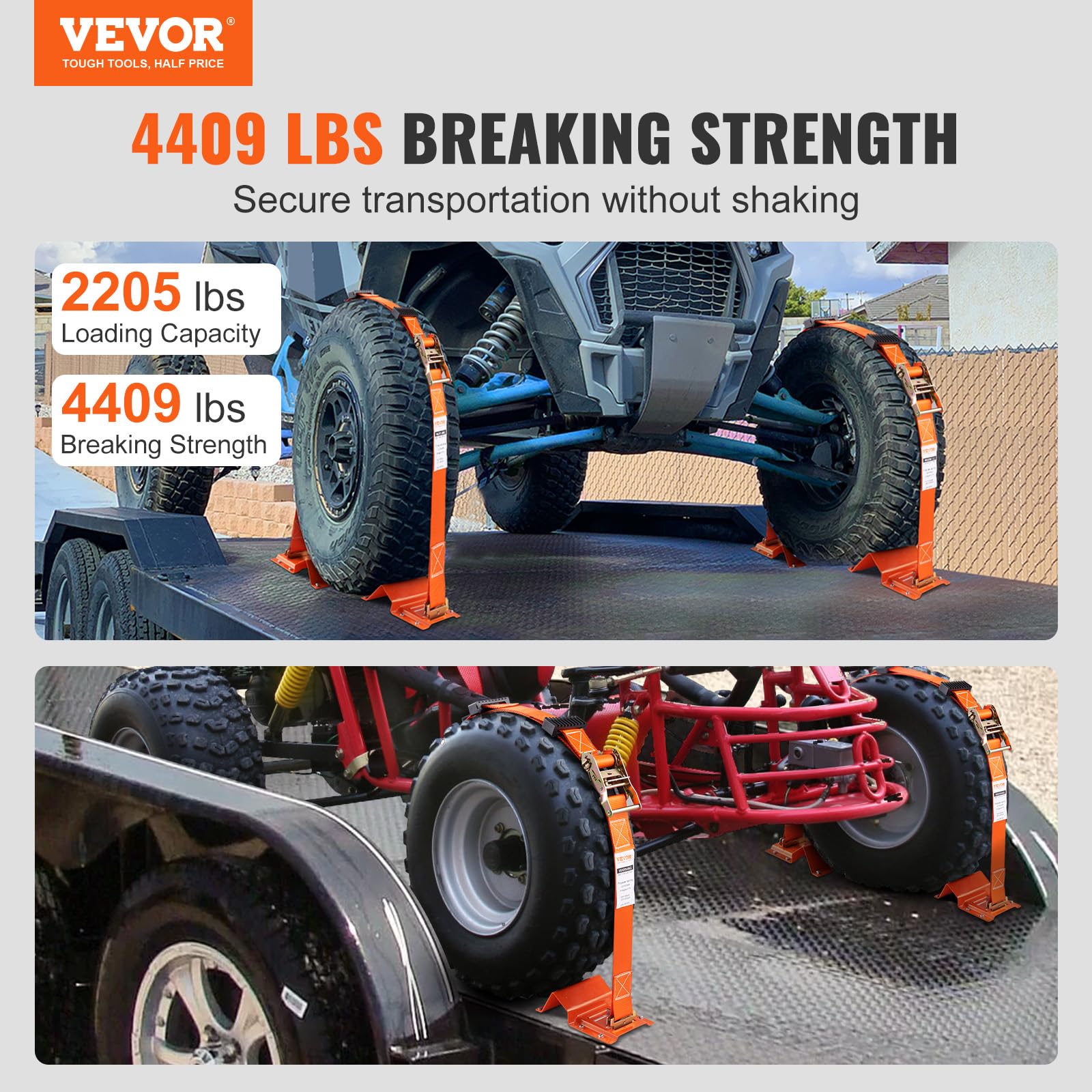 Vevor Wheel Chock Tie Down Kit, 2'' X 96'' Tie Down Strap Kit, Heavy Duty Trailer Tie Down System For 10''-23'' Wheels, Atv, Utv