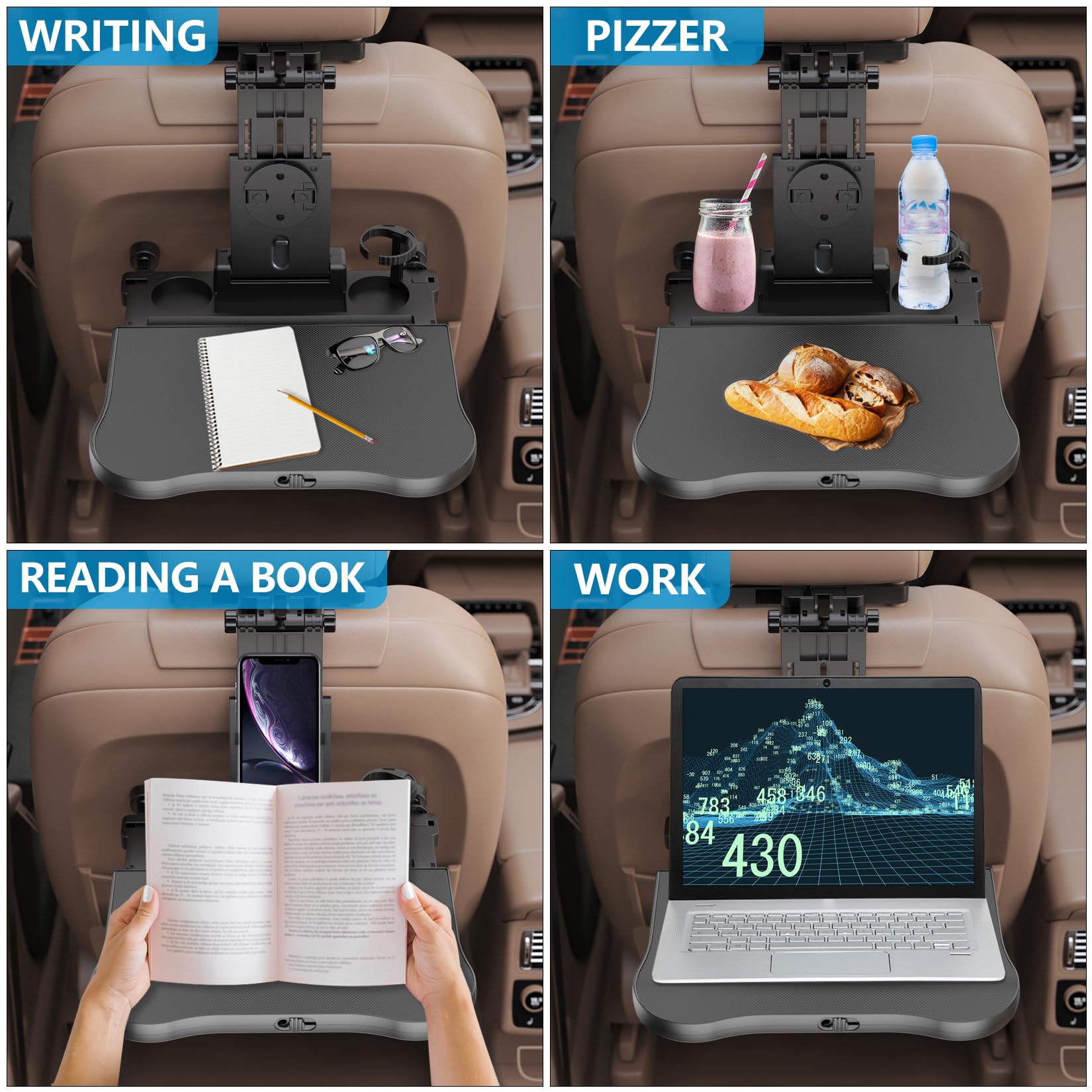 Tueou Foldable Car Seat Tray Table - Medium Black Plastic with Non-Slip Pad, Phone/Tablet Holder for Kids & Roadtrip Dining