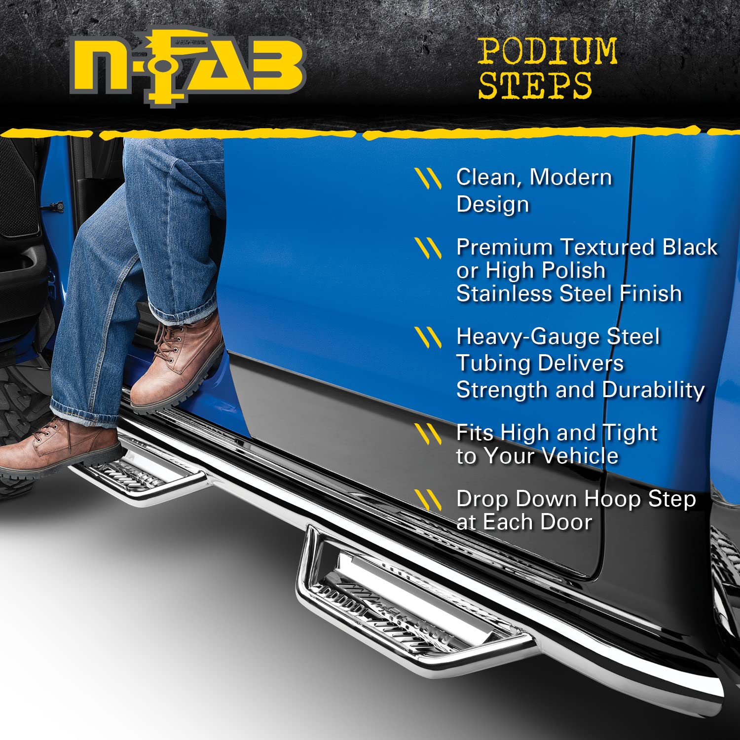 N-Fab Podium Ss Steps For Ford F-150 | Cab Length, Stainless Steel, Polished | Hpf1585Cc-Ss | Fits 2015-2024 Ford F-150, 2018-20