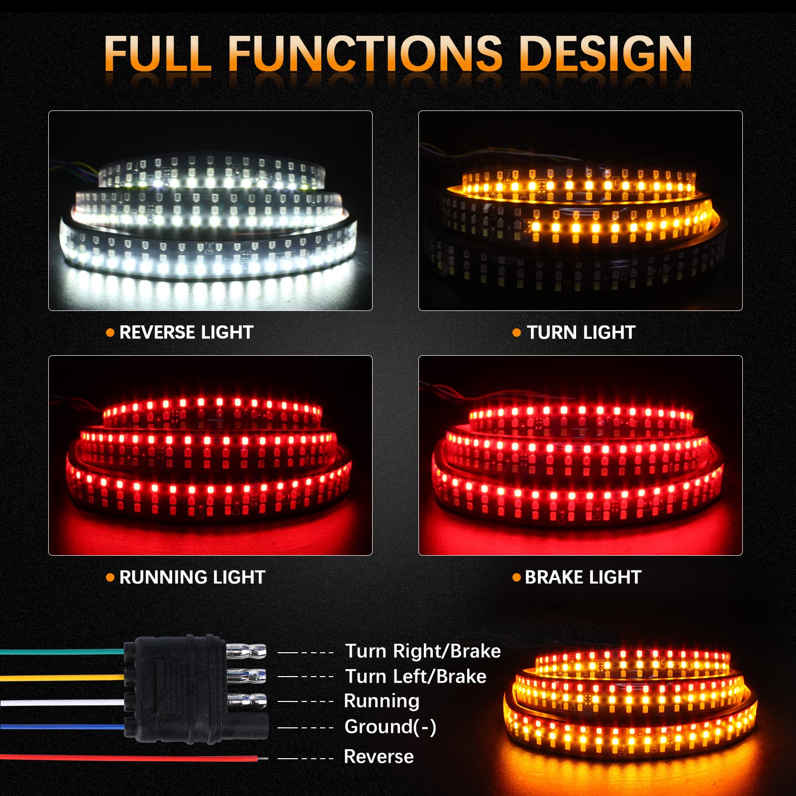 Amexmart 48''/49'' Tailgate Light Bar Triple Row Led Tailgate Light Strip With Red Running Brake Lights White Reverse Amber Turn