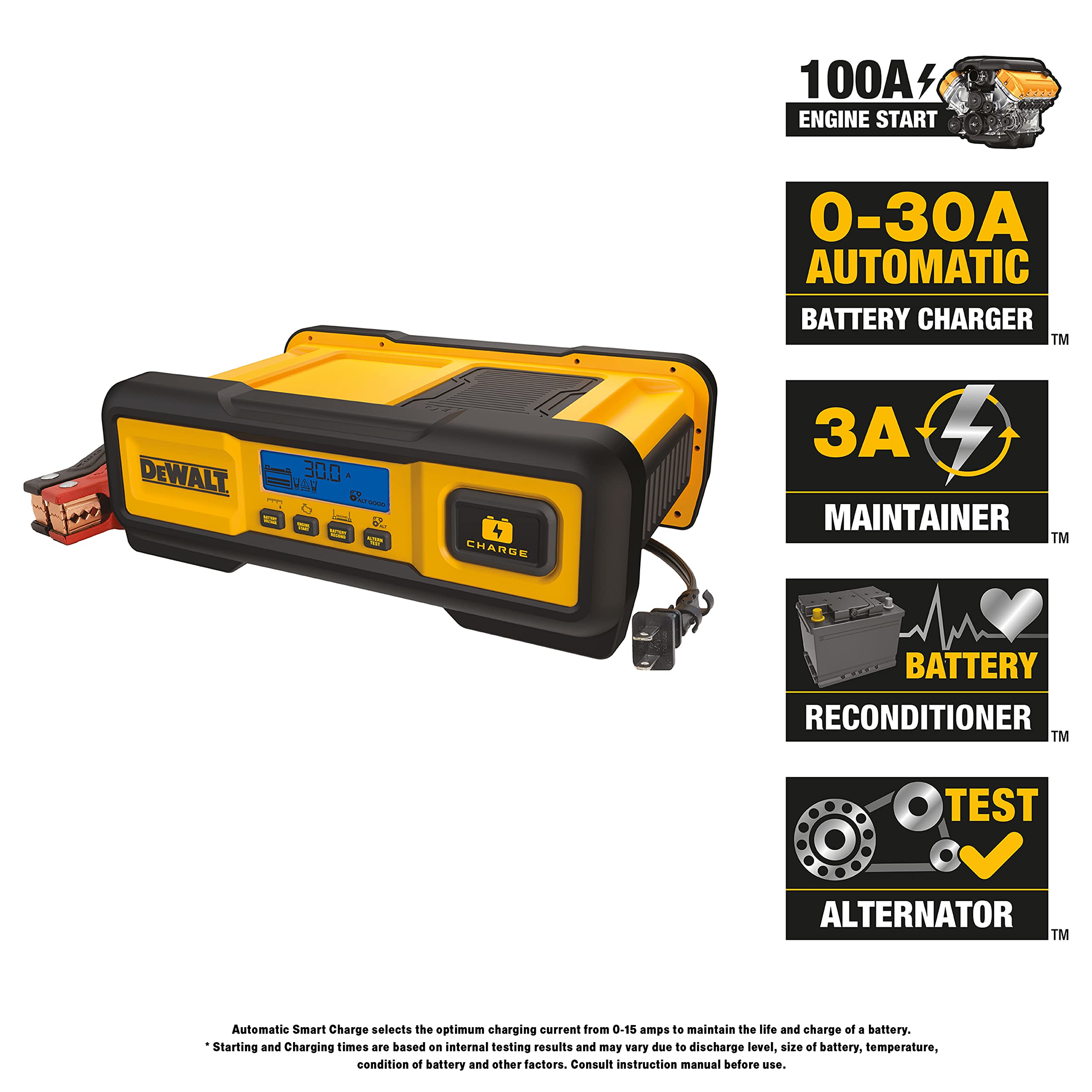 DEWALT DXAEC100 30-Amp Battery Charger & 3-Amp Maintainer, Yellow, Engine Start
