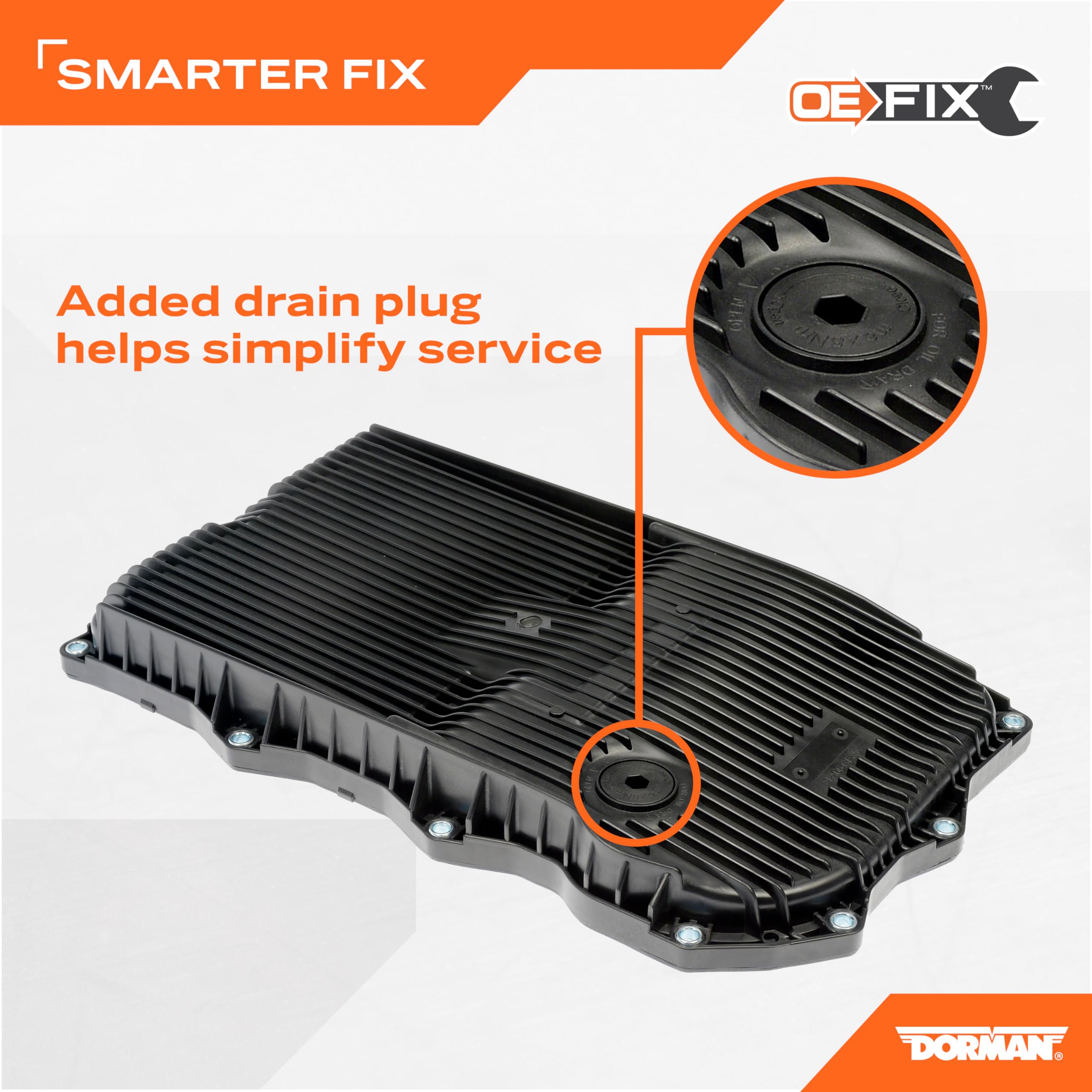 Dorman 265-850 Transmission Pan with Drain Plug, Gasket & Bolts, Black Plastic, Compatible with Select Models