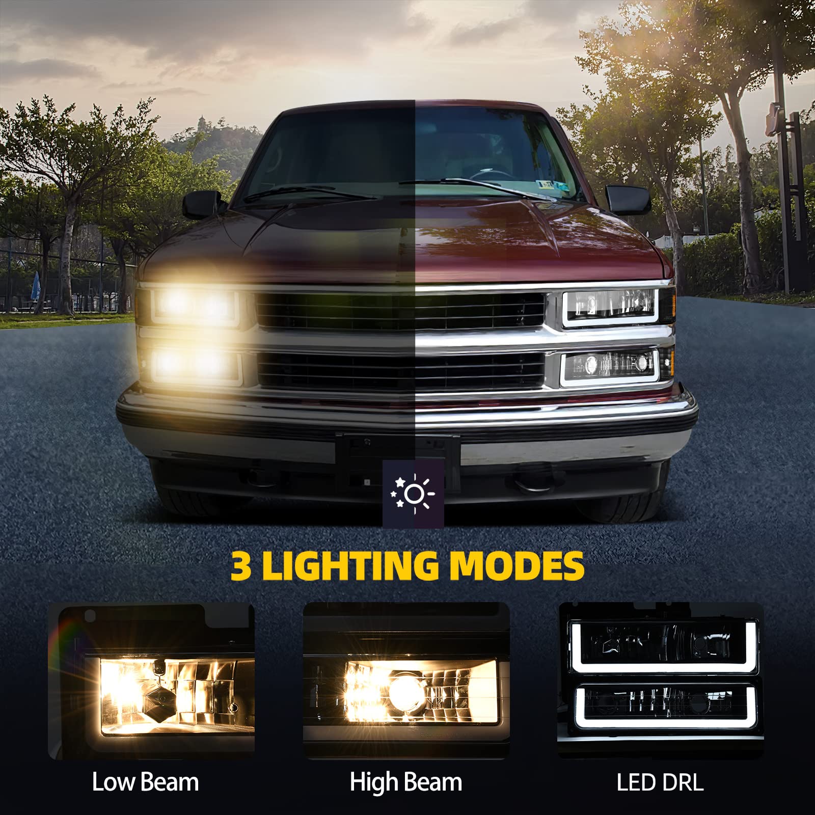DWVO LED Headlights Assembly for 1994-1999 Chevy Silverado Tahoe Suburban, Black Housing with Corner Lights, Model D-CTLAHL-2010+2044+1120