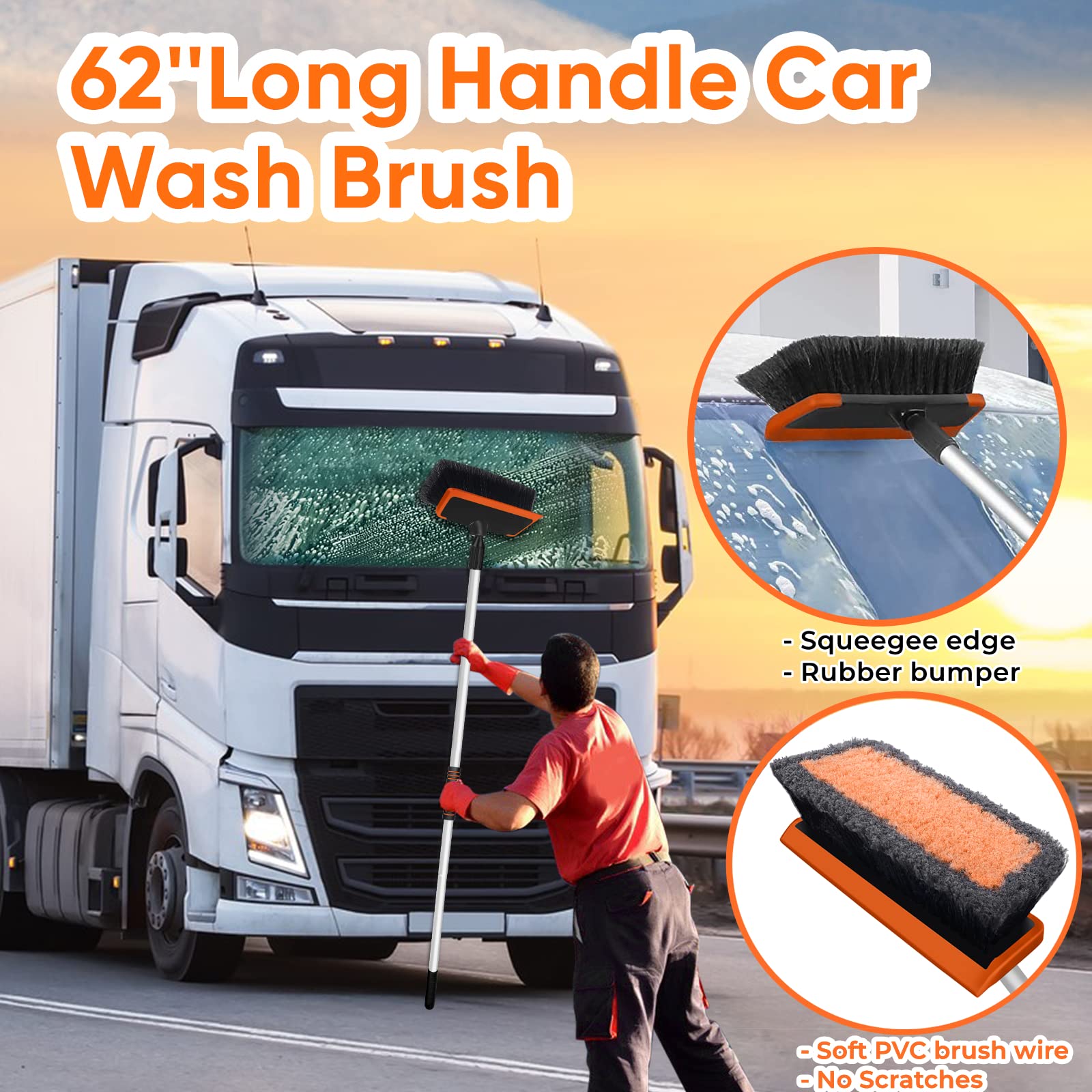 Wontolf 62'' Car Wash Brush, Scratch-Free Soft Bristles, Complete Cleaning Kit, Orange, Model WBRUSH008OG