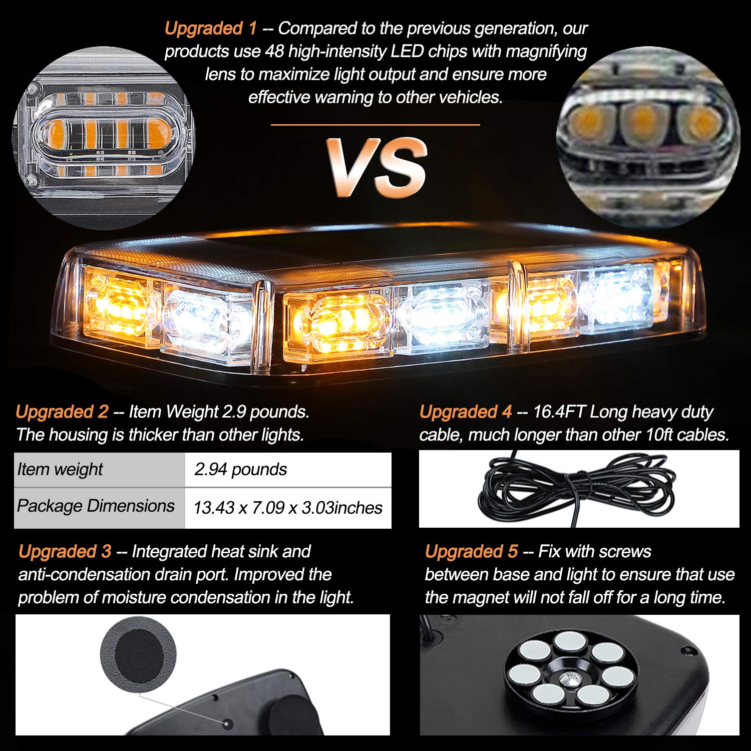 Aspl 2Pcs 48Led Roof Top Strobe Lights, High Visibility Emergency Safety Warning Led Mini Strobe Light Bar With Magnetic Base Fo