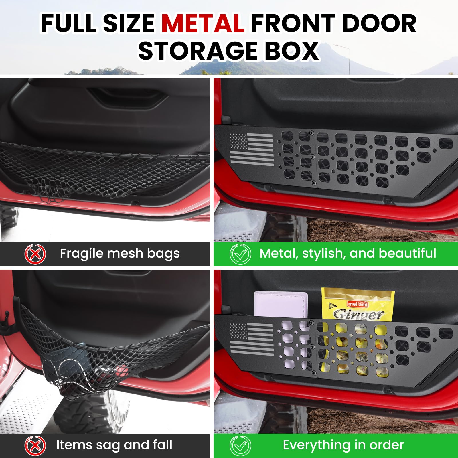 DIAMOOKY Metal Door Pocket Storage Box for Jeep Wrangler JL/JT (2018-2026) - Flat Flag, 2PCS, Not for Power Seats