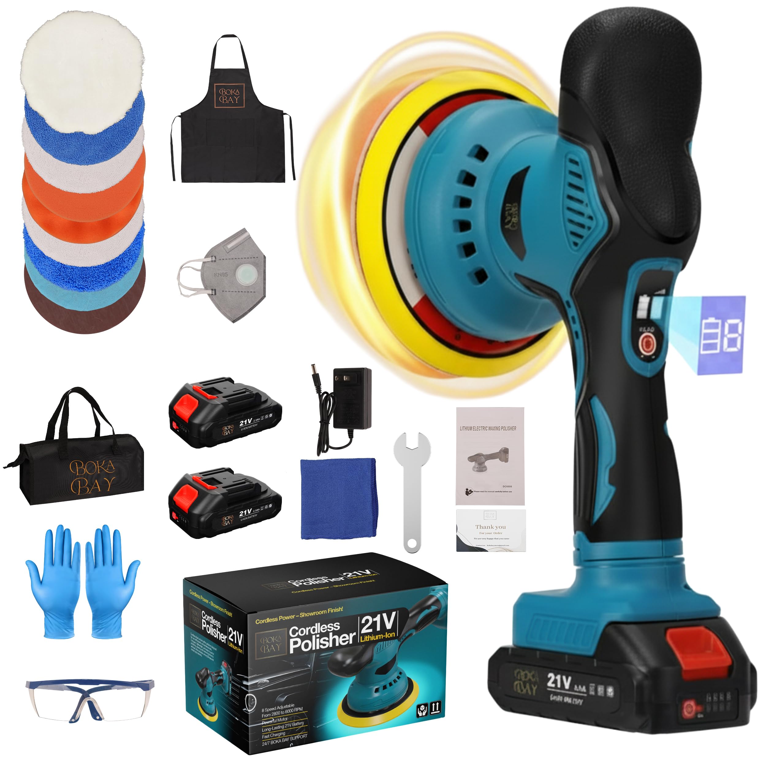 BOKA BAY Cordless Car Buffer Polisher Kit 6 Inch with 21V 2x2000mAh & 9 Pcs Attachments, Car Polisher with 8 Variable Speed 2800