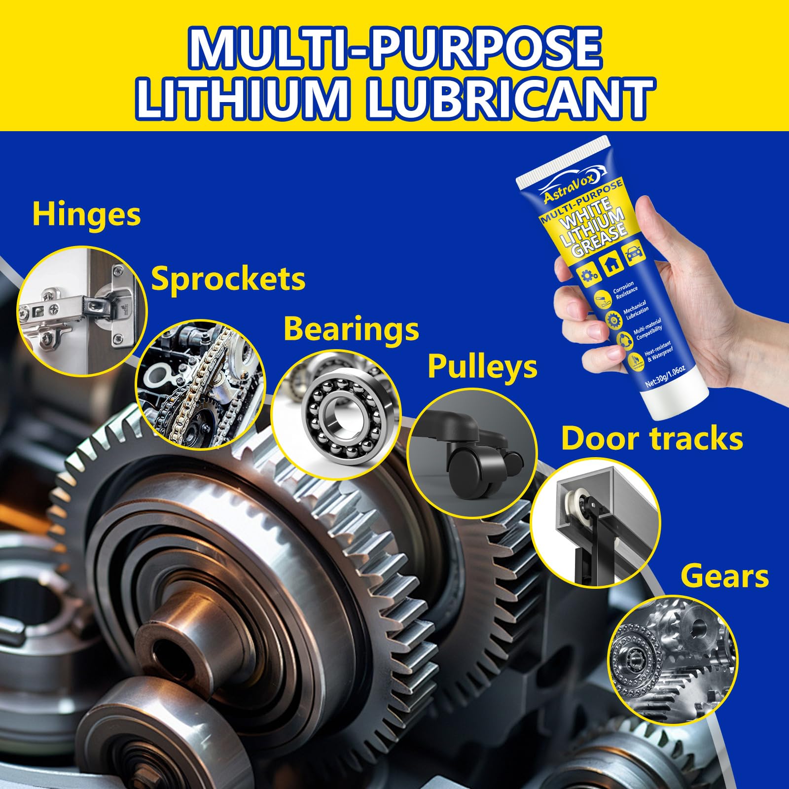 AstraVox White Lithium Grease - Multi-Purpose Lubricant for Garage Doors, Hinges, Bearings, 1oz (2pcs), Waterproof & Heat-Resistant
