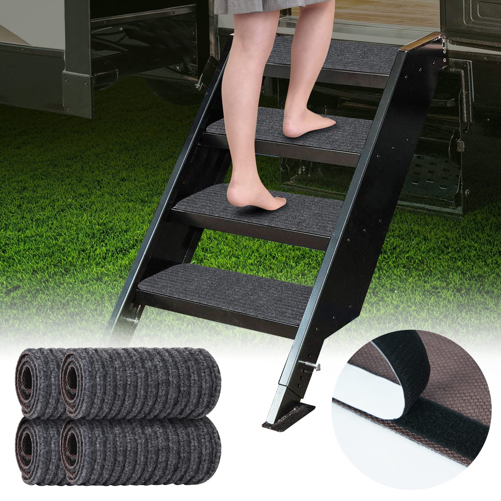Esudnt Rv Step Covers 4 Pack Rv Step Rug, Rv Stair Covers Carpets For Mobile Home, Camper, 24 Inch Wide (24   *7.5   , Black)