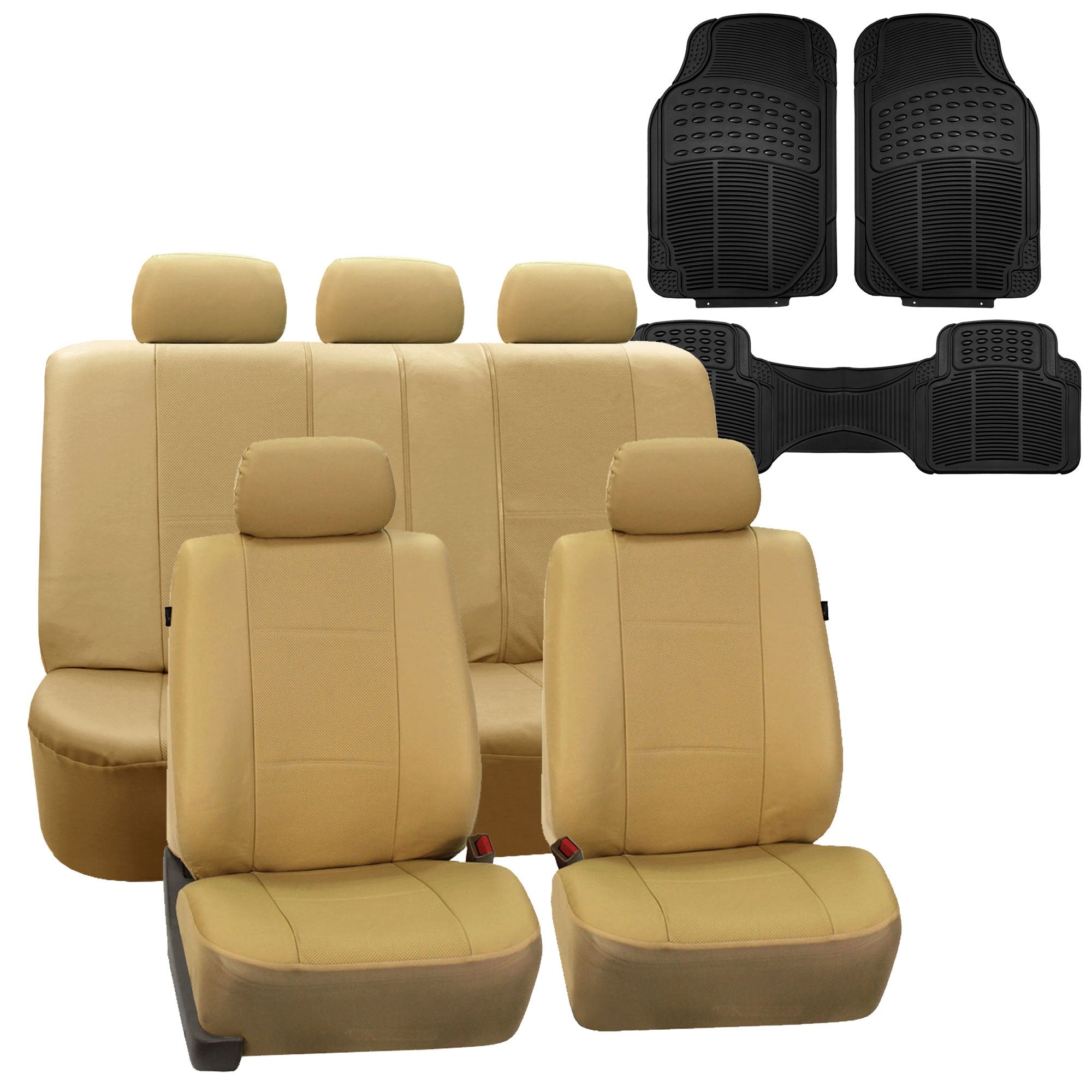 Fh Group Car Seat Cover Beige Full Set Deluxe Leatherette Protector Interior Accessories Universal Fit Full Set - Airbag Compati