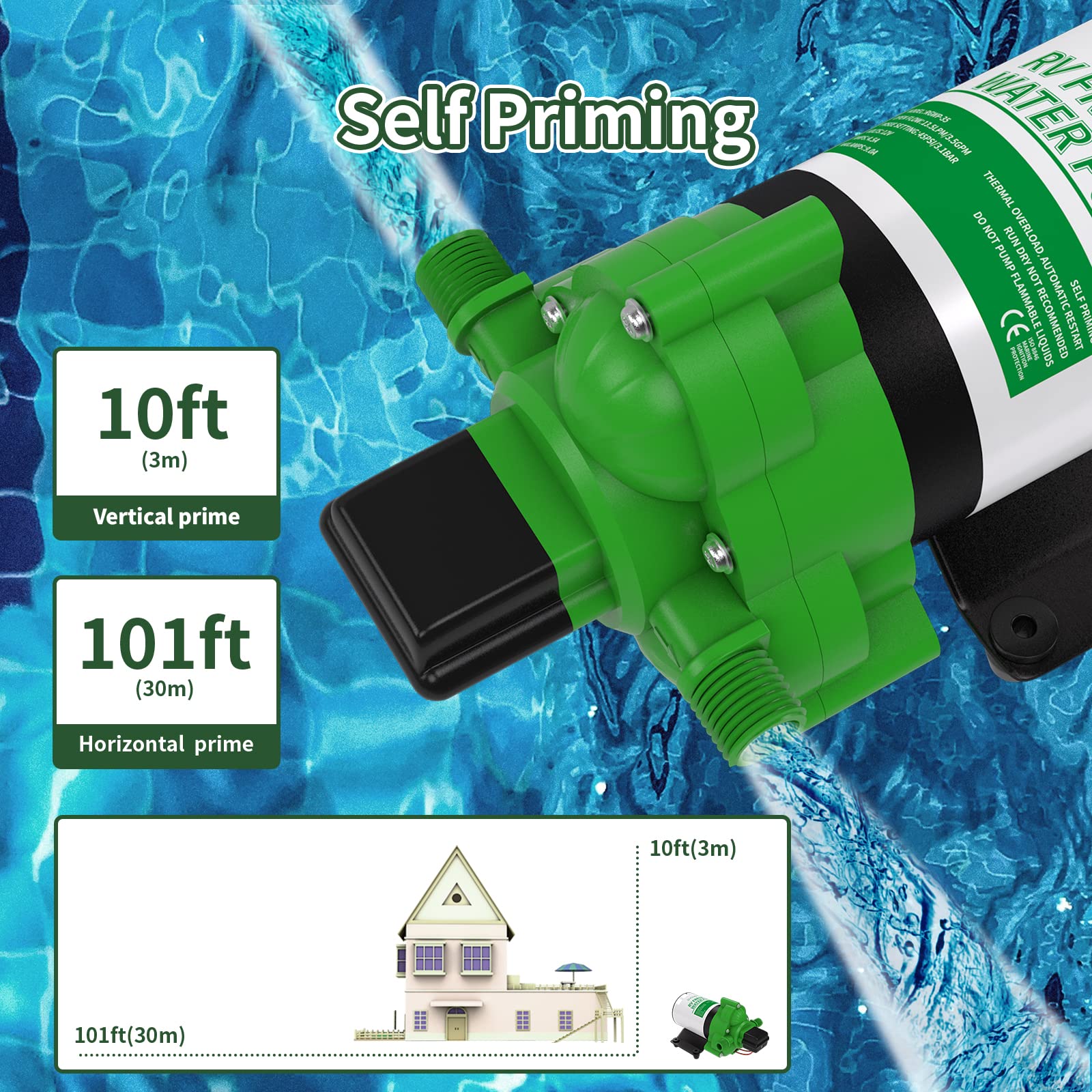 Rvguard Fresh Water Pump, 12V Dc Self Priming Diaphragm Water Pump, 3.5 Gpm With Strainer Filter, Adapters, For Rv, Yacht, Garden, Camper