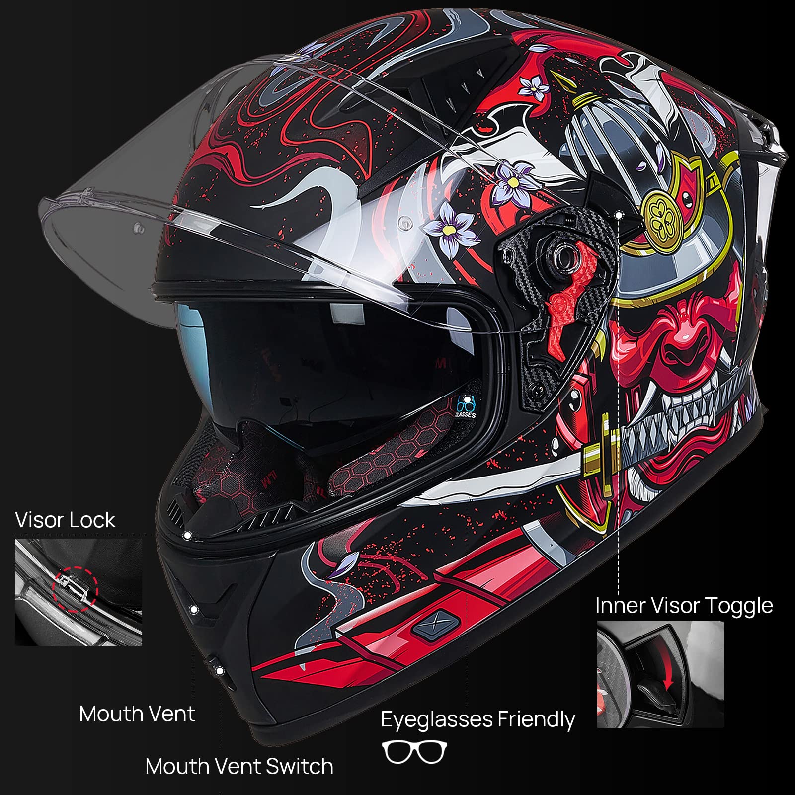ILM Full Face Motorcycle Helmet Z501 - Armor Red, Medium, Pinlock Compatible, DOT Certified, ABS Material, Clear & Tinted Visors
